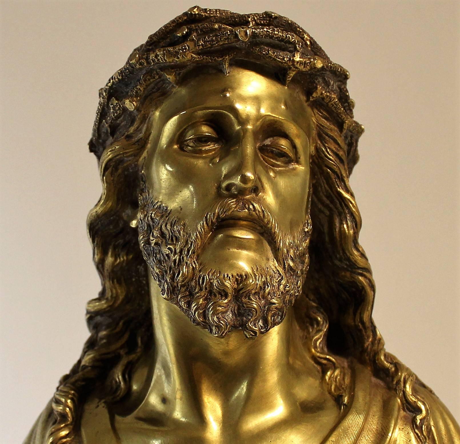 Patinated gilt bronze bust of Jesus Christ by French sculptor Jean Bulio (1827-1911) and stamped with the societé des bronzes de Paris foundry seal.