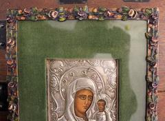 19th Century Russian Silver Icon with Painting of Madonna and Child