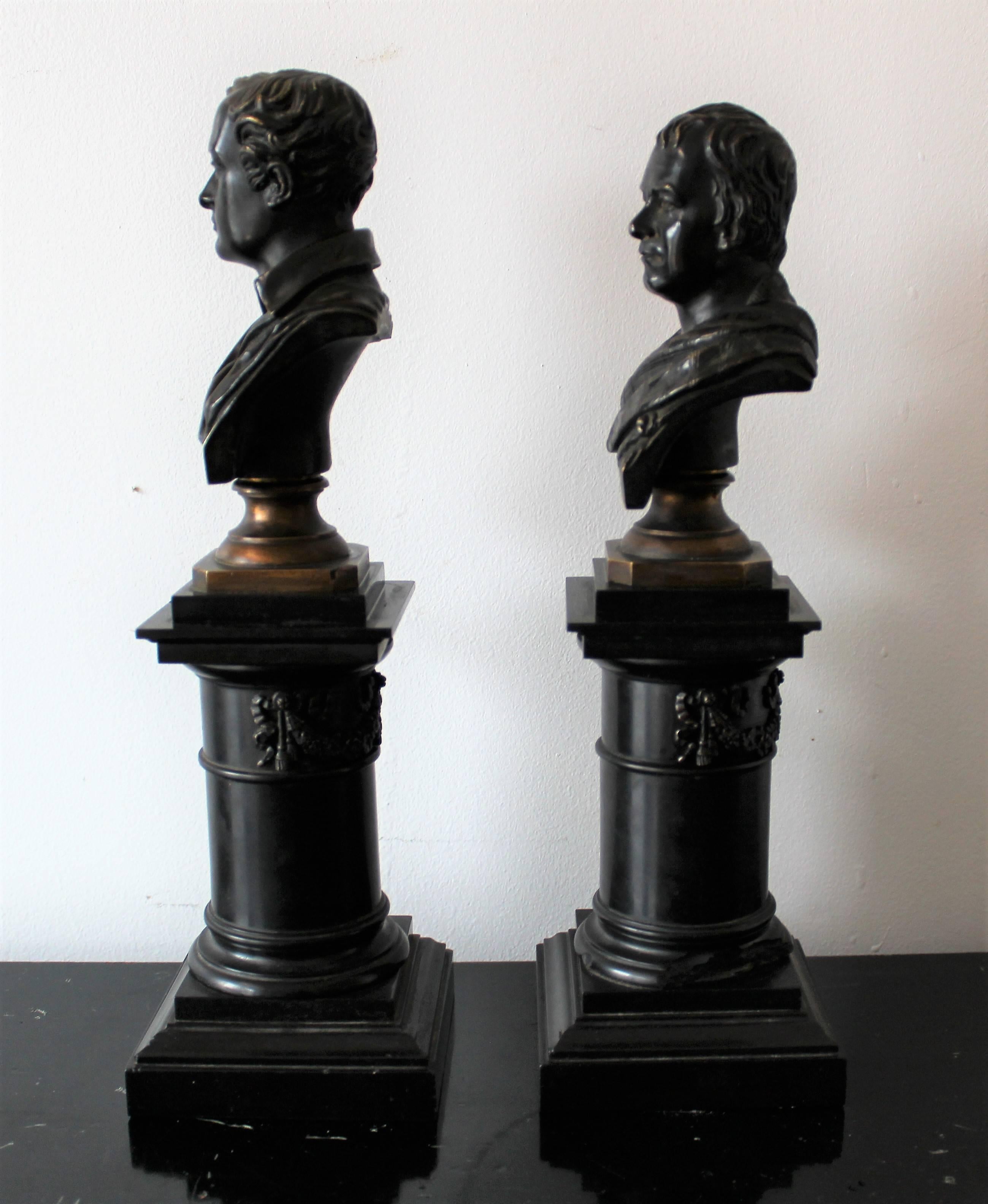 19th Century Pair of Bronze Busts on Marble Columns of Sir Walter Scott and Lord Byron
