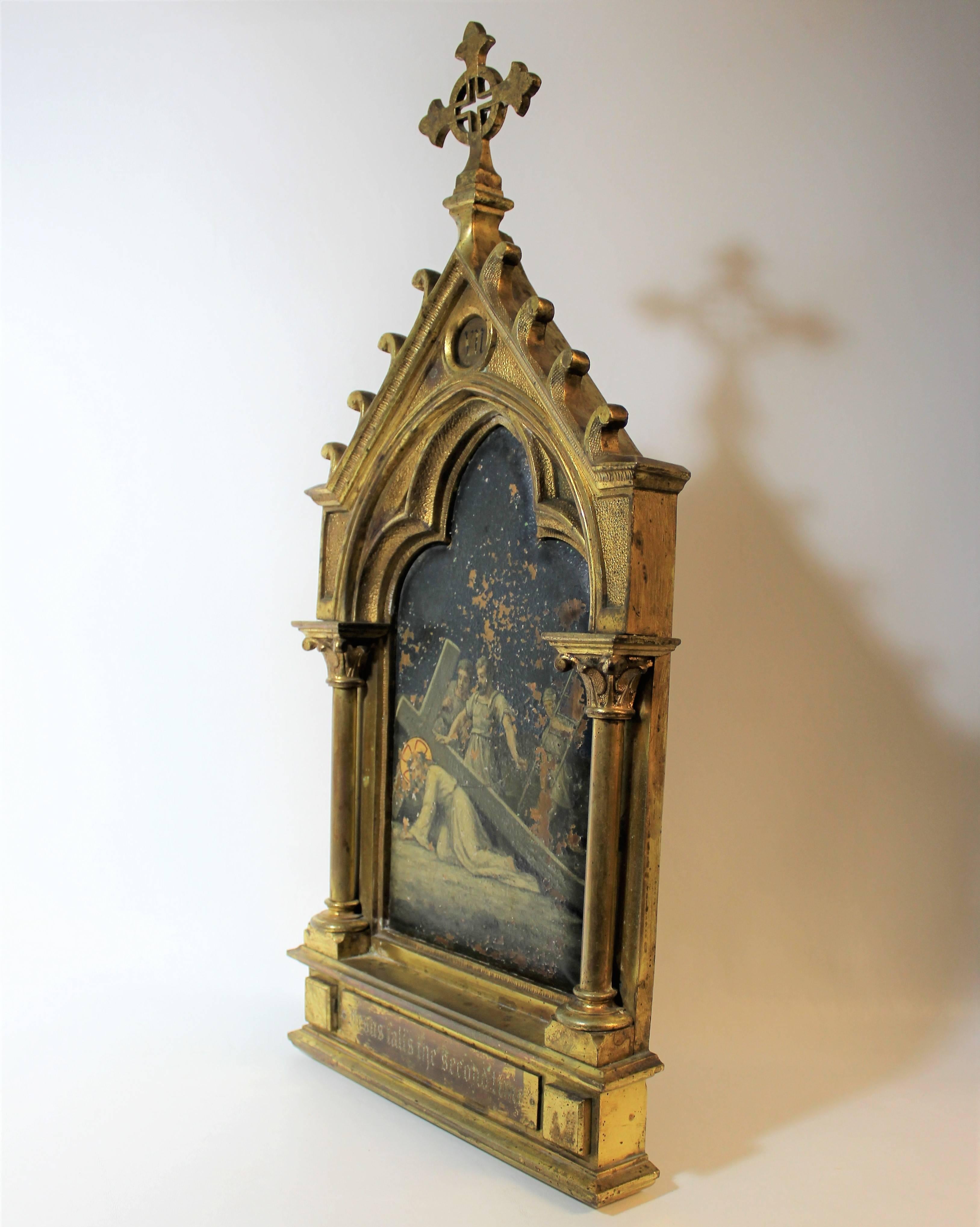 Oil on copper painting in elaborate parcel-gilt bronze frame surmounted by a cross. Titled: "VII: Jesus falls the second time" from the stations of the cross.