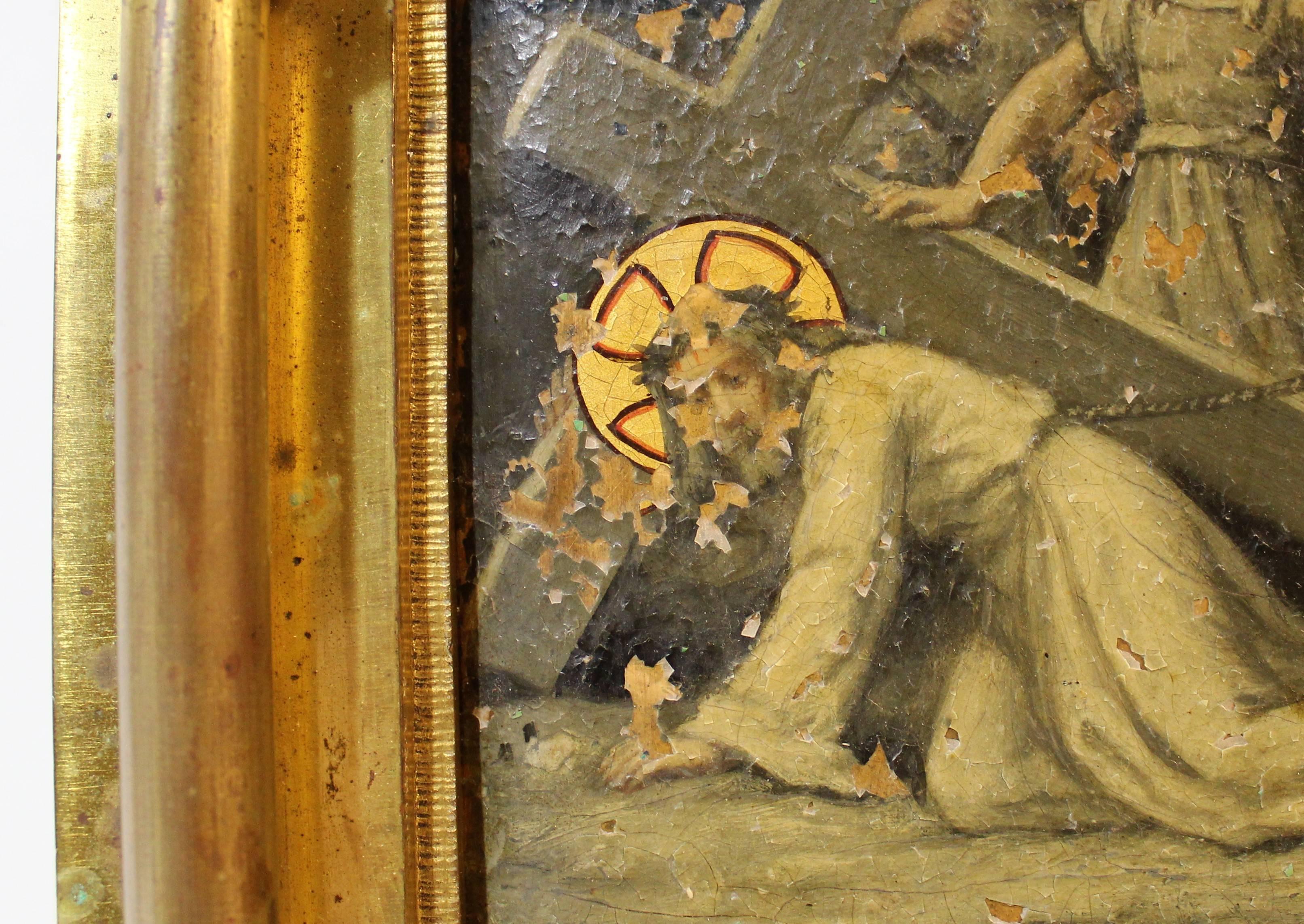 Öl auf Kupfer Religiöses Gemälde in vergoldeter Bronzerahmen, Öl im Zustand „Starke Gebrauchsspuren“ im Angebot in Hamilton, Ontario