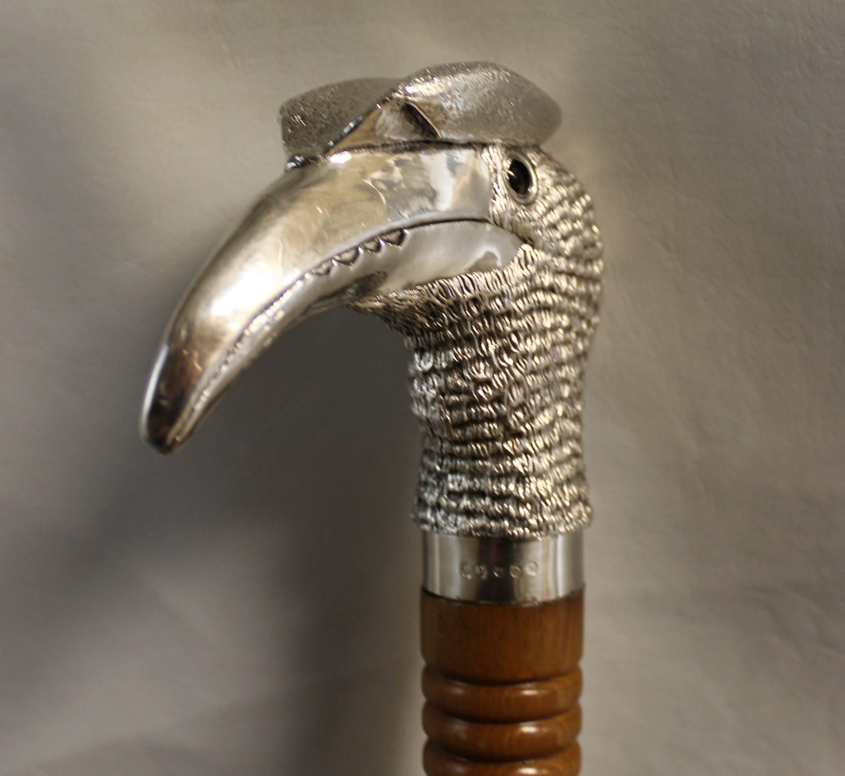 Sterling Silver Hornbill Walking Stick by William Comyns, London In Good Condition In Hamilton, Ontario