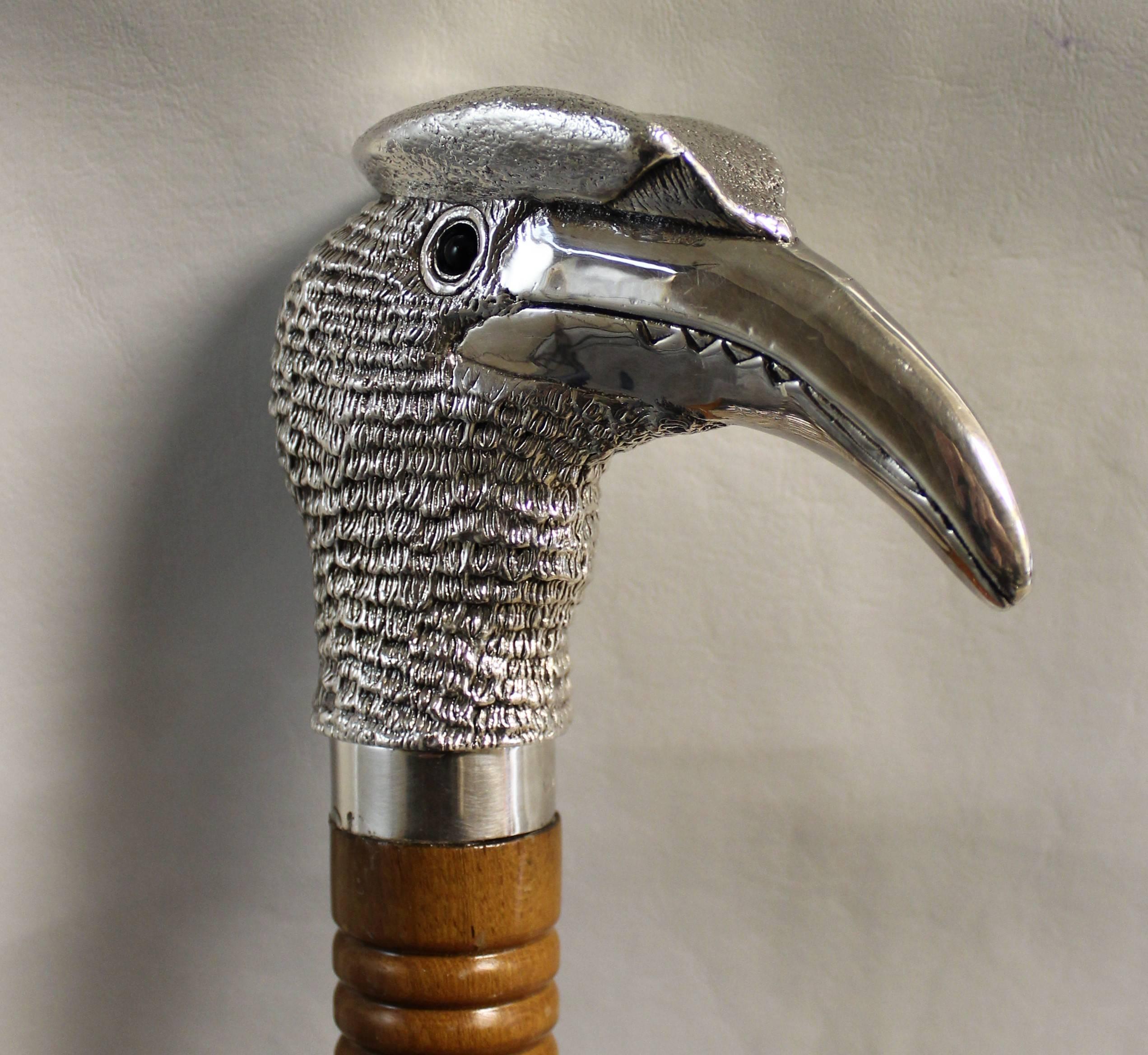 English Sterling Silver Hornbill Walking Stick by William Comyns, London