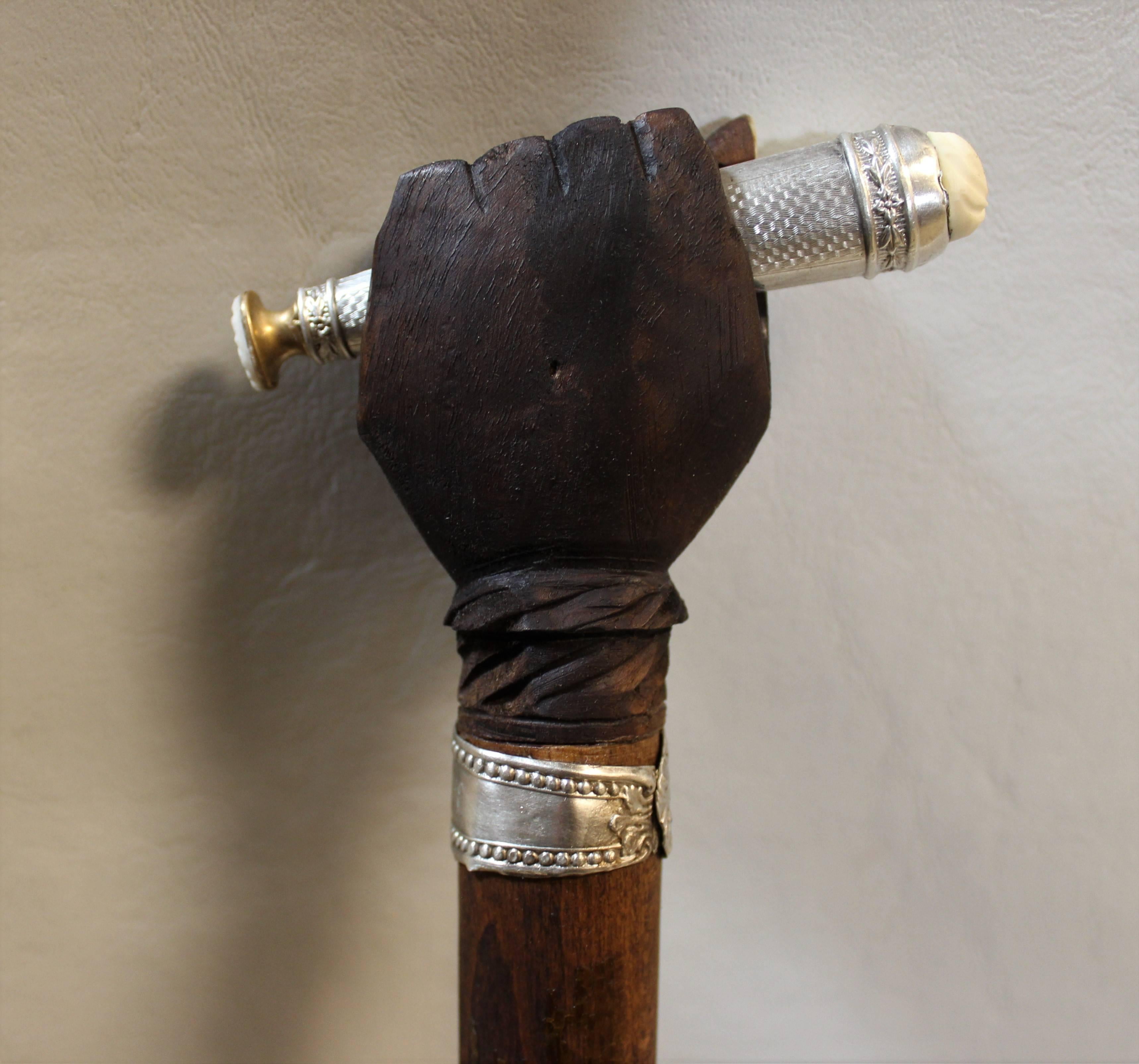 19th century freemasonry walking stick or cane with detachable silver wax seal. Made from wood, bone and silver.