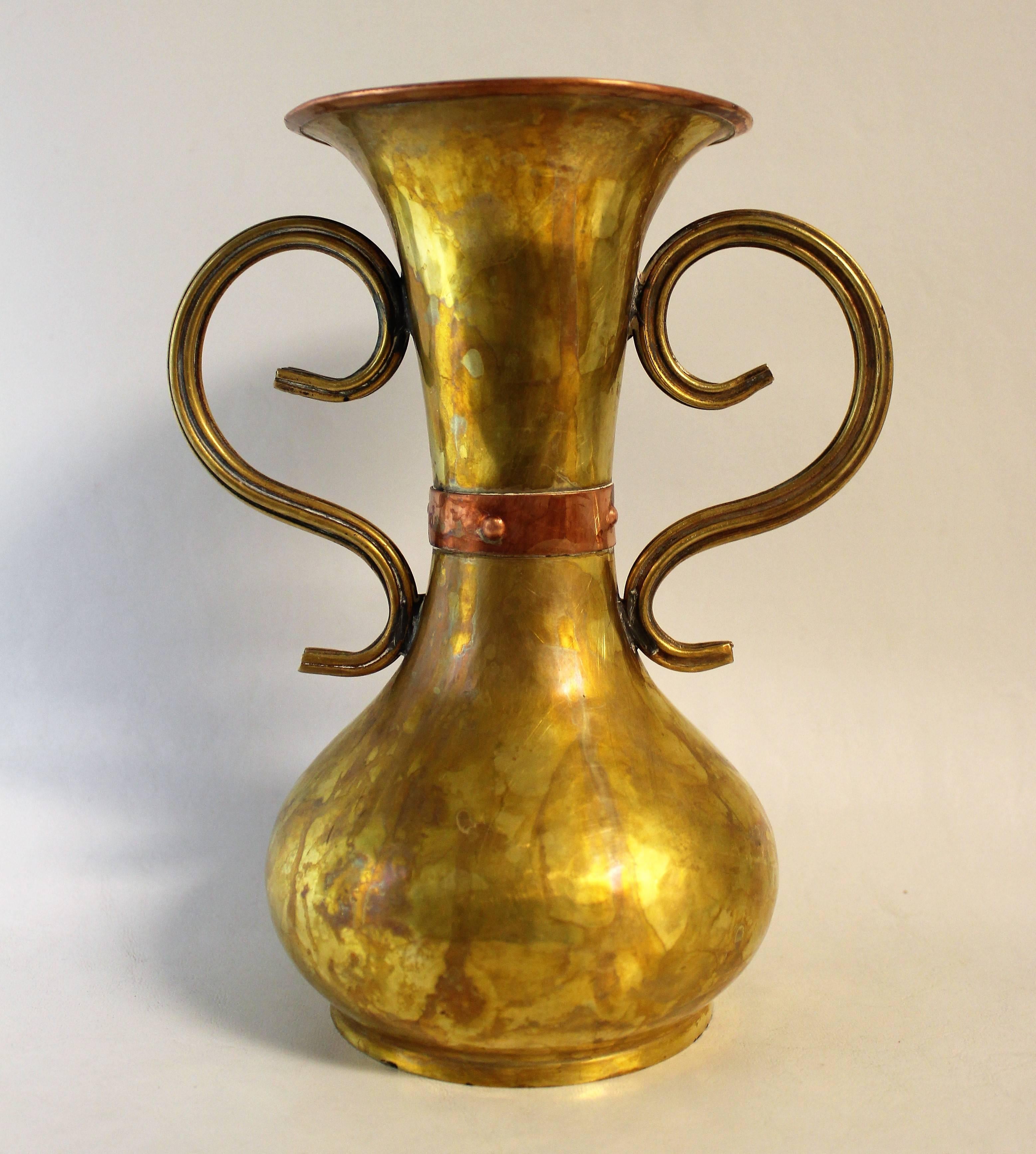Imperial Russian hand-hammered copper and brass vase. Double eagle emblem stamp.
  
