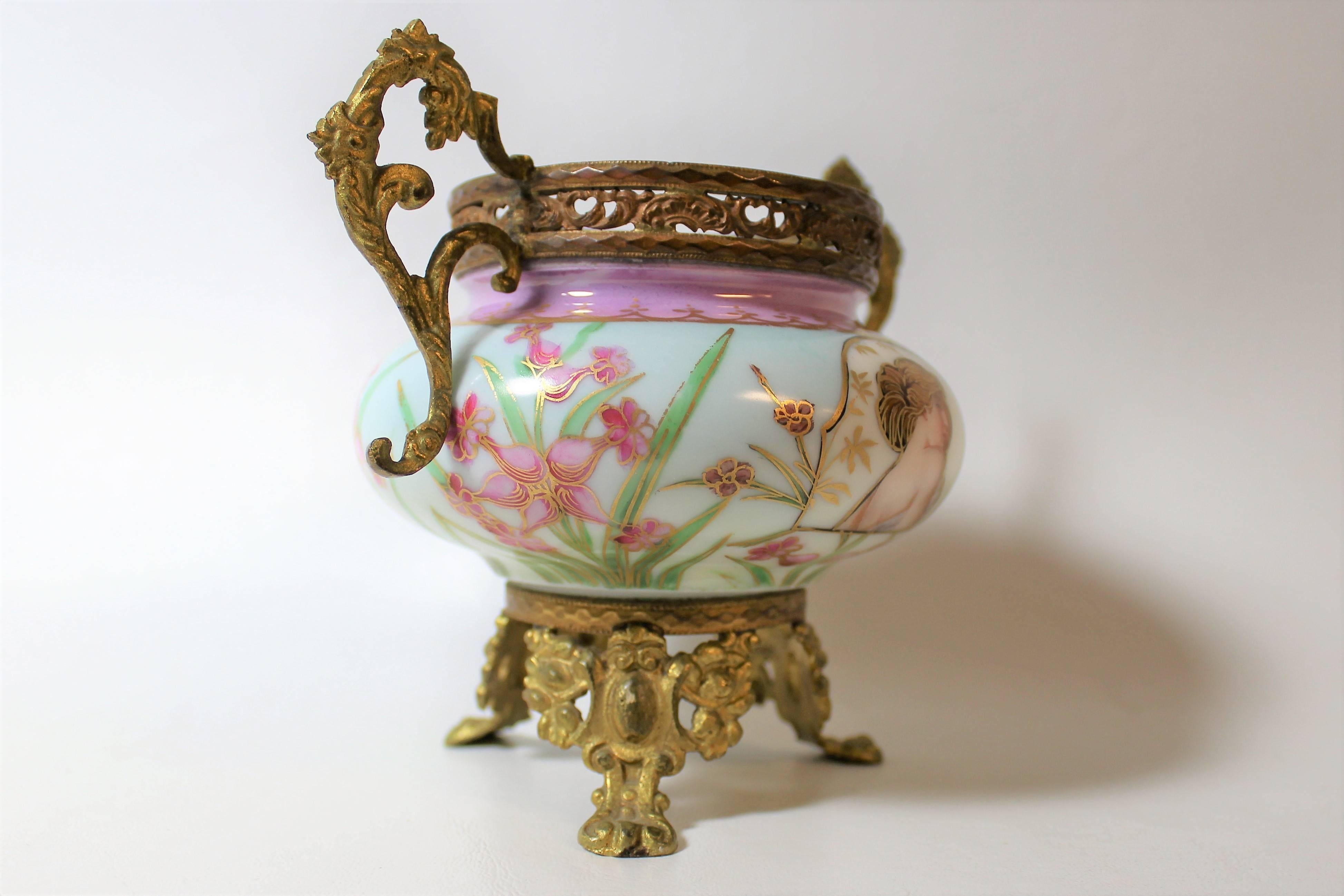 20th Century Art Nouveau French Porcelain Ormolu-Mounted Urn For Sale
