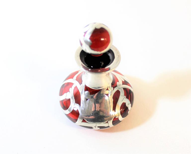 20th Century Ruby Glass Art Nouveau Perfume Bottle with Silver Overlay