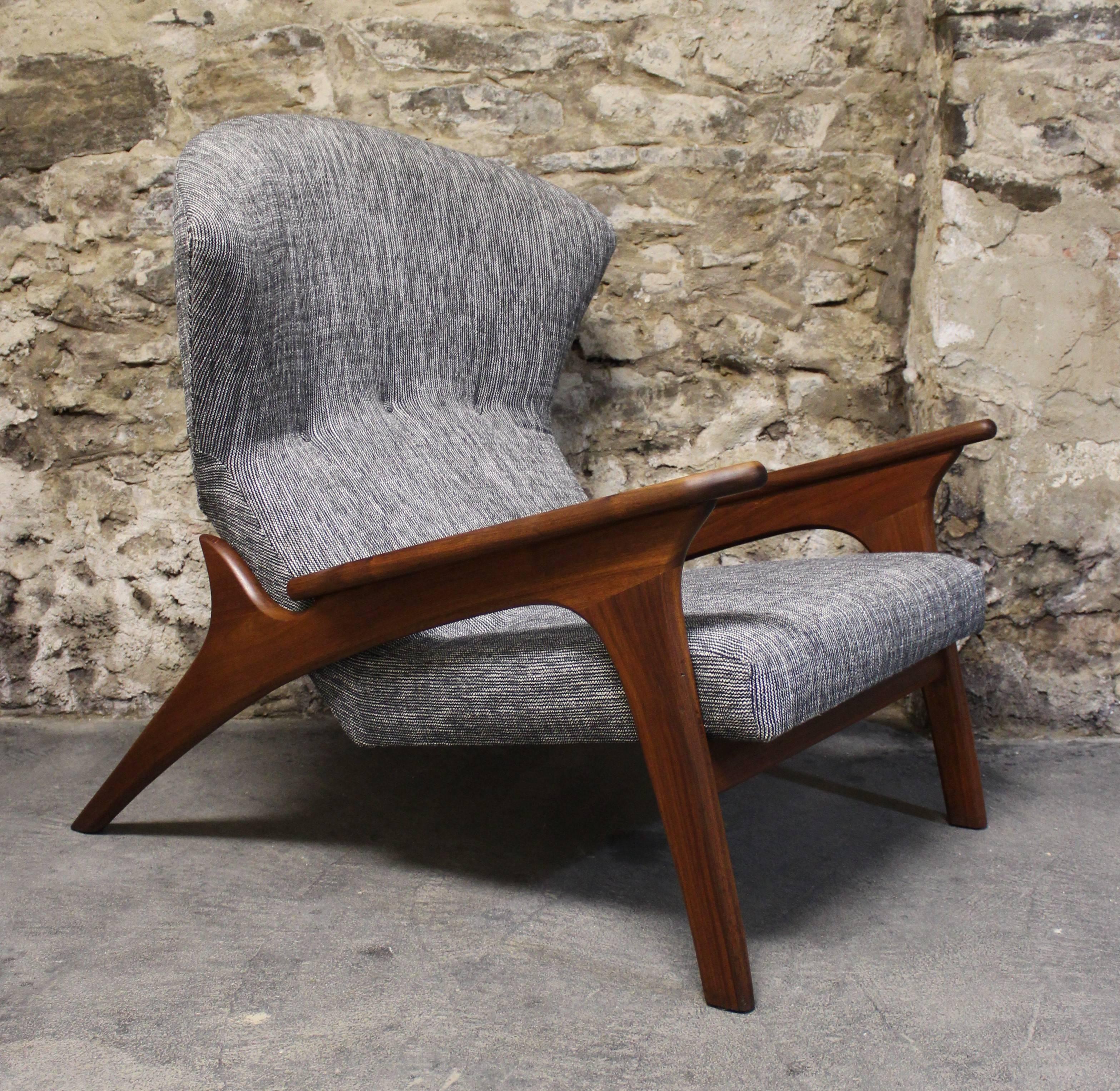 Adrian Pearsall chair with a walnut frame that supports a modernist wing back re-upholstered seat.