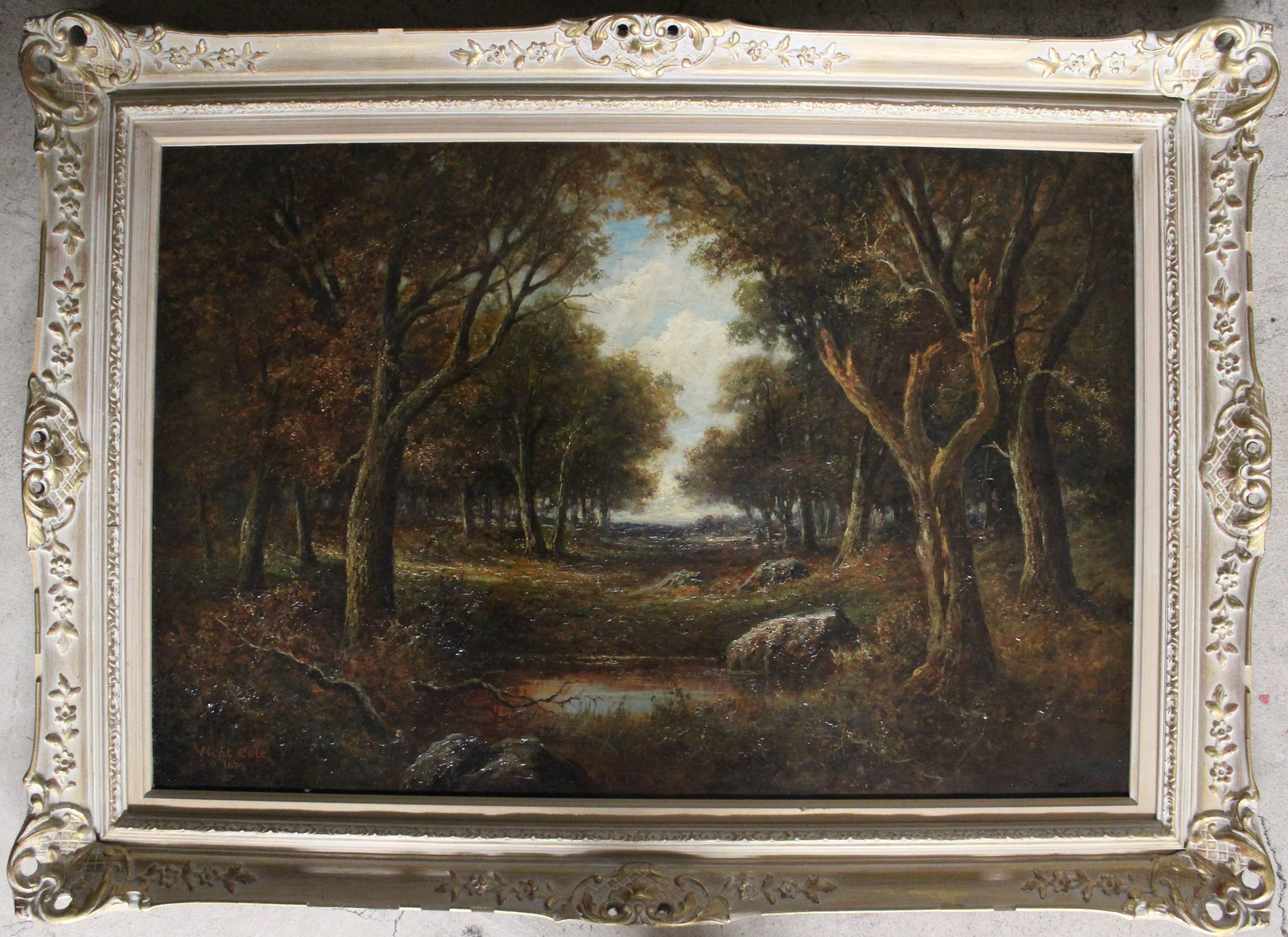 George Vicat Cole (British 1833-1893) 

Size without frame: 24 high x 36 wide
Size with frame: 32 1/4 high x 44 1/4 wide


George Vicat Cole (usually known as Vicat Cole) was an important landscape painter working in the mid-19th century. In
