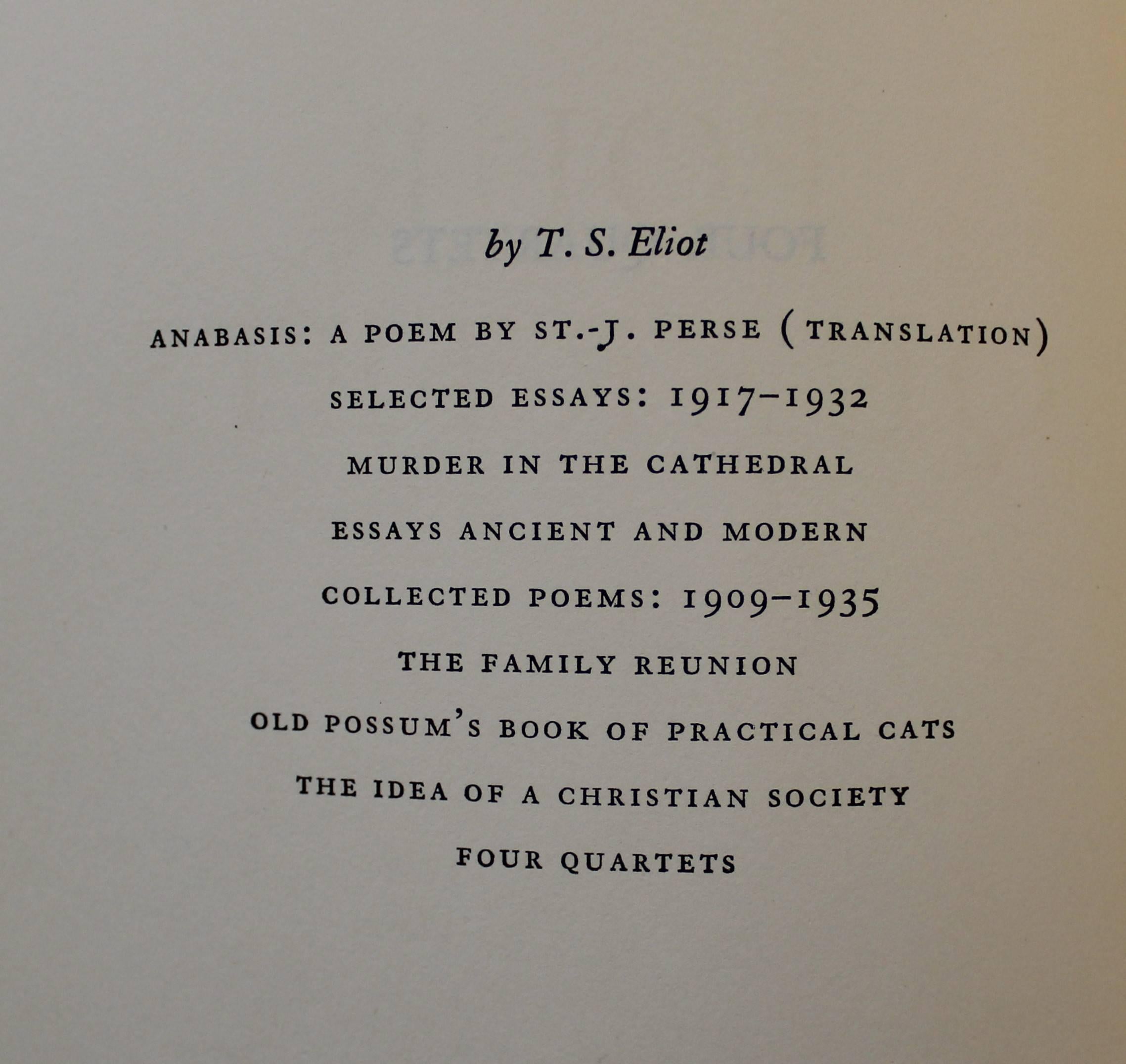 „Four Quartets“ Erstausgabe des Buches „Four Quartets“ von T.S. Eliot im Zustand „Gut“ im Angebot in Hamilton, Ontario
