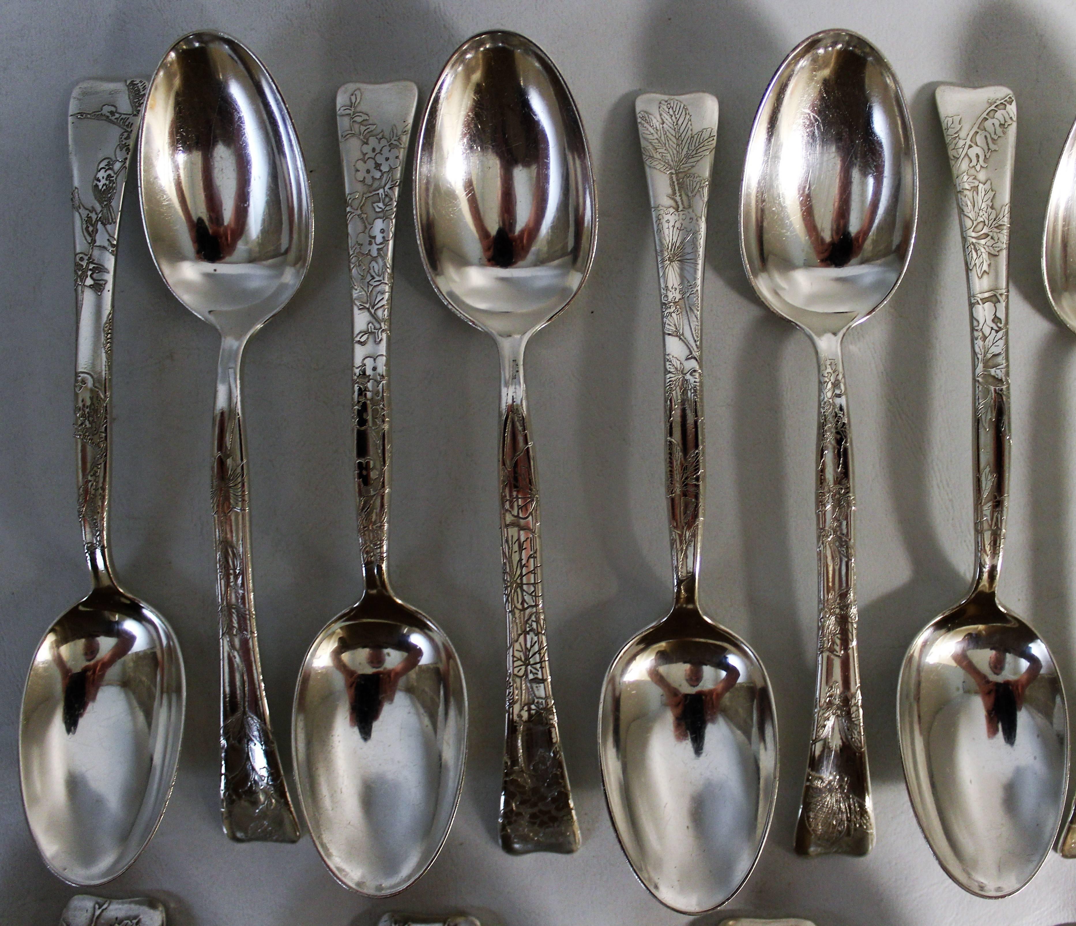 This opulently naturalistic flatware incorporates Japanese floral and foliate motifs. Edward C. Moore, Tiffany's head designer from 1869-1891, had admired Japanese art and design at the 1867 Exposition Universelle in Paris, and began working with