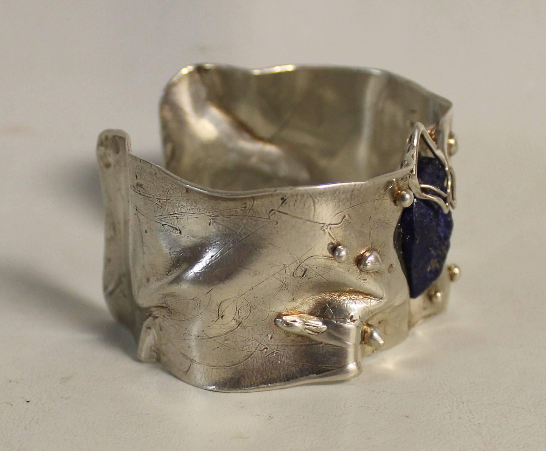 Modernist sterling silver bracelet with Lapis Lazuli gemstone.