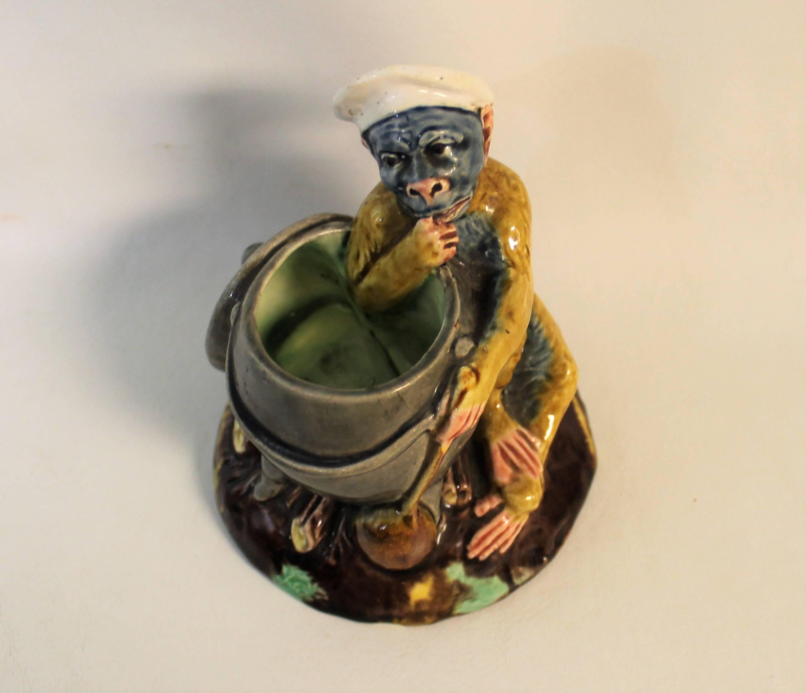 19th Century Thomas Sargent French Majolica Match Holder with Figural Monkey 2