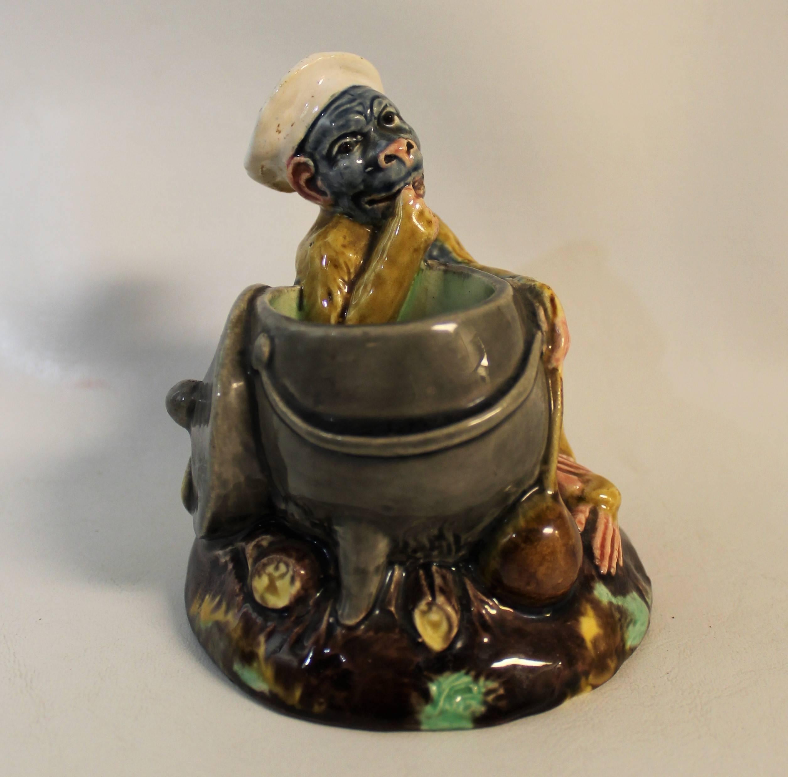 19th Century Thomas Sargent French Majolica Match Holder with Figural Monkey In Excellent Condition In Hamilton, Ontario