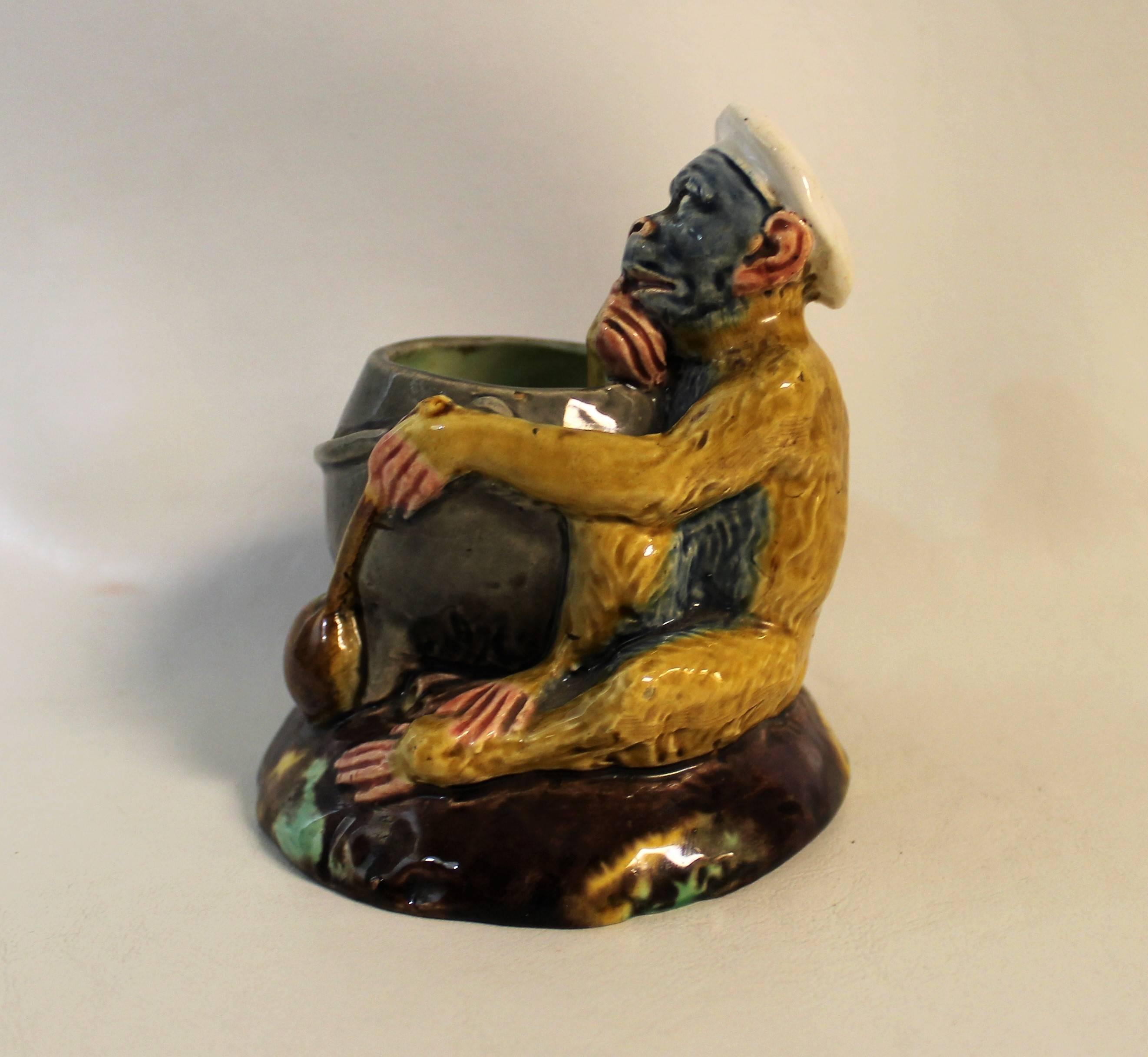 19th century Thomas Sargent French Majolica match holder with figural monkey.