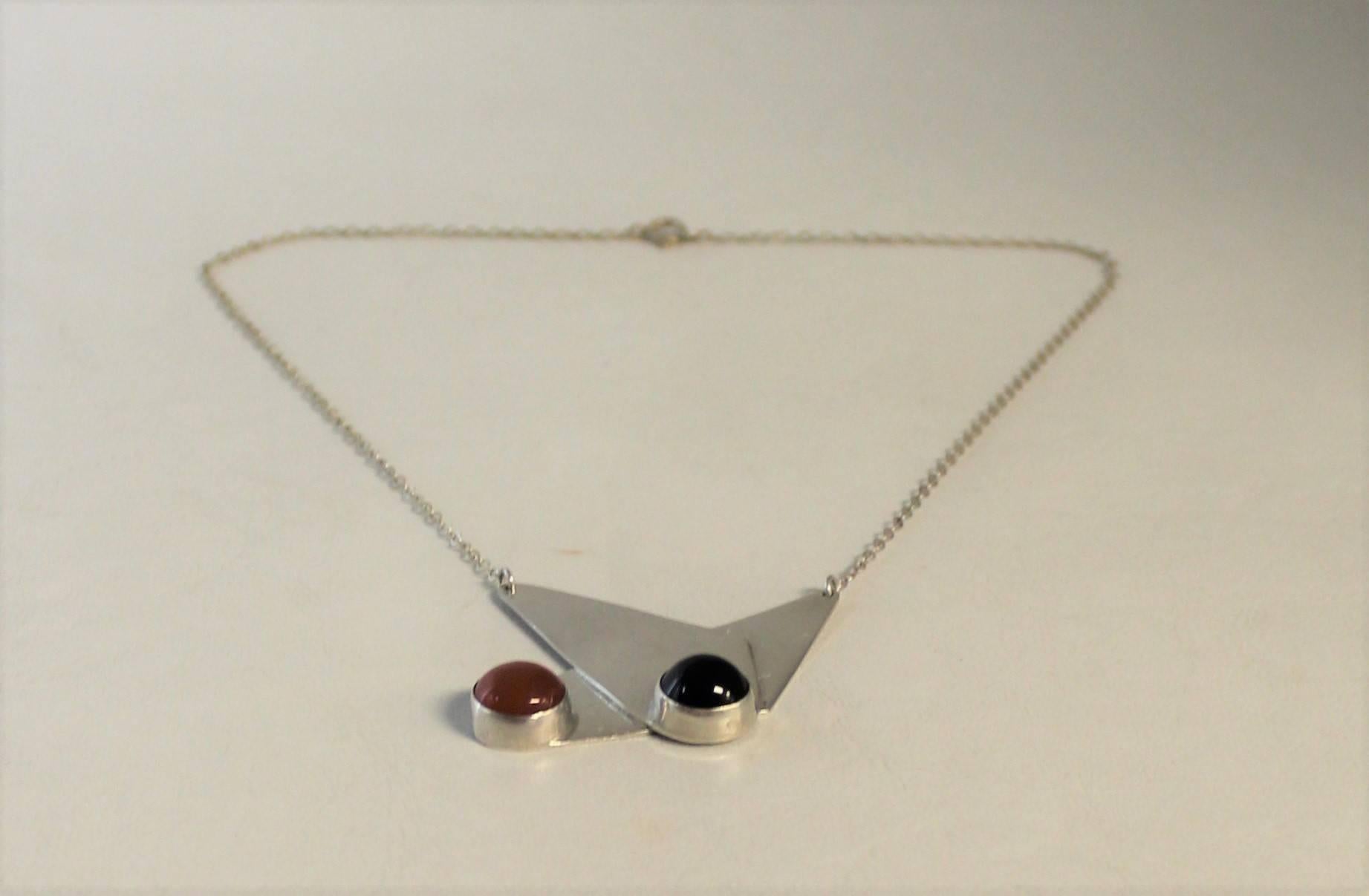 Mid-Century Modern Tigga Sterling Silver Modernist Pendant Necklace with Carnelian and Onyx