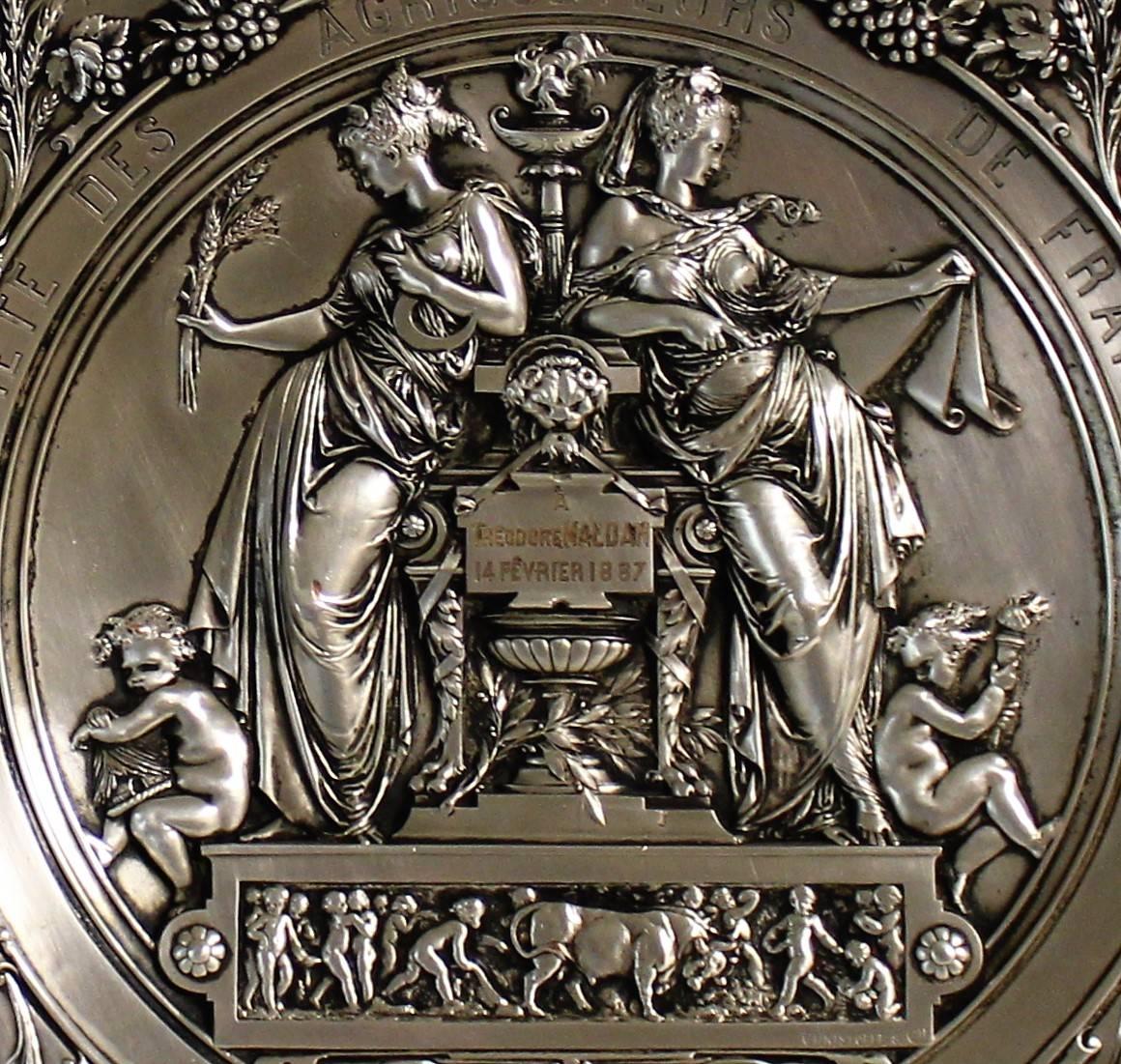 Award plaque made by Christofle and commissioned by the Societe des Agriculteurs de France.  It was issued to Theodore Maldan in 1887.