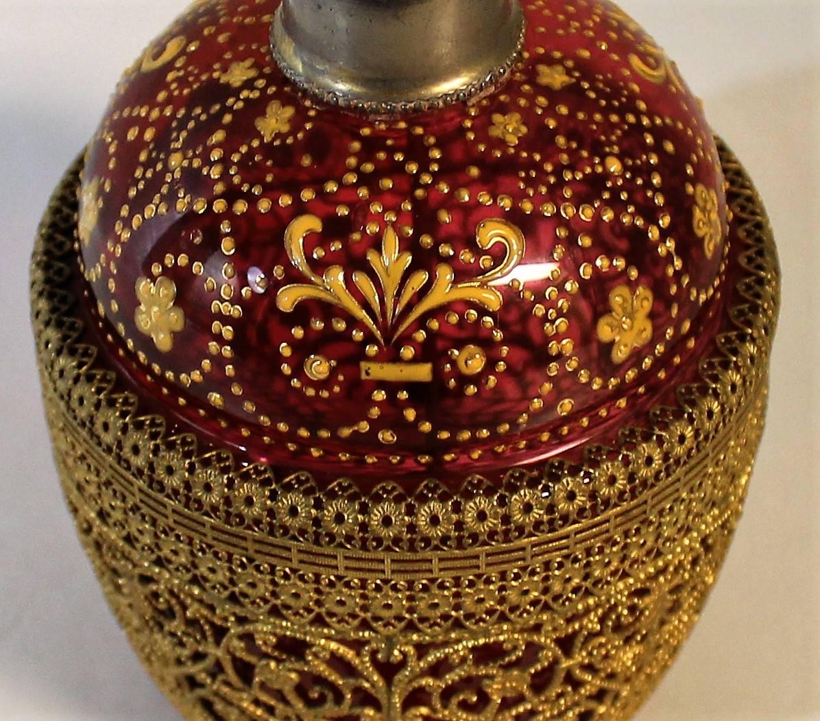 Cranberry Glass Perfume Bottle with Filigree and Gold Enamel For Sale 1