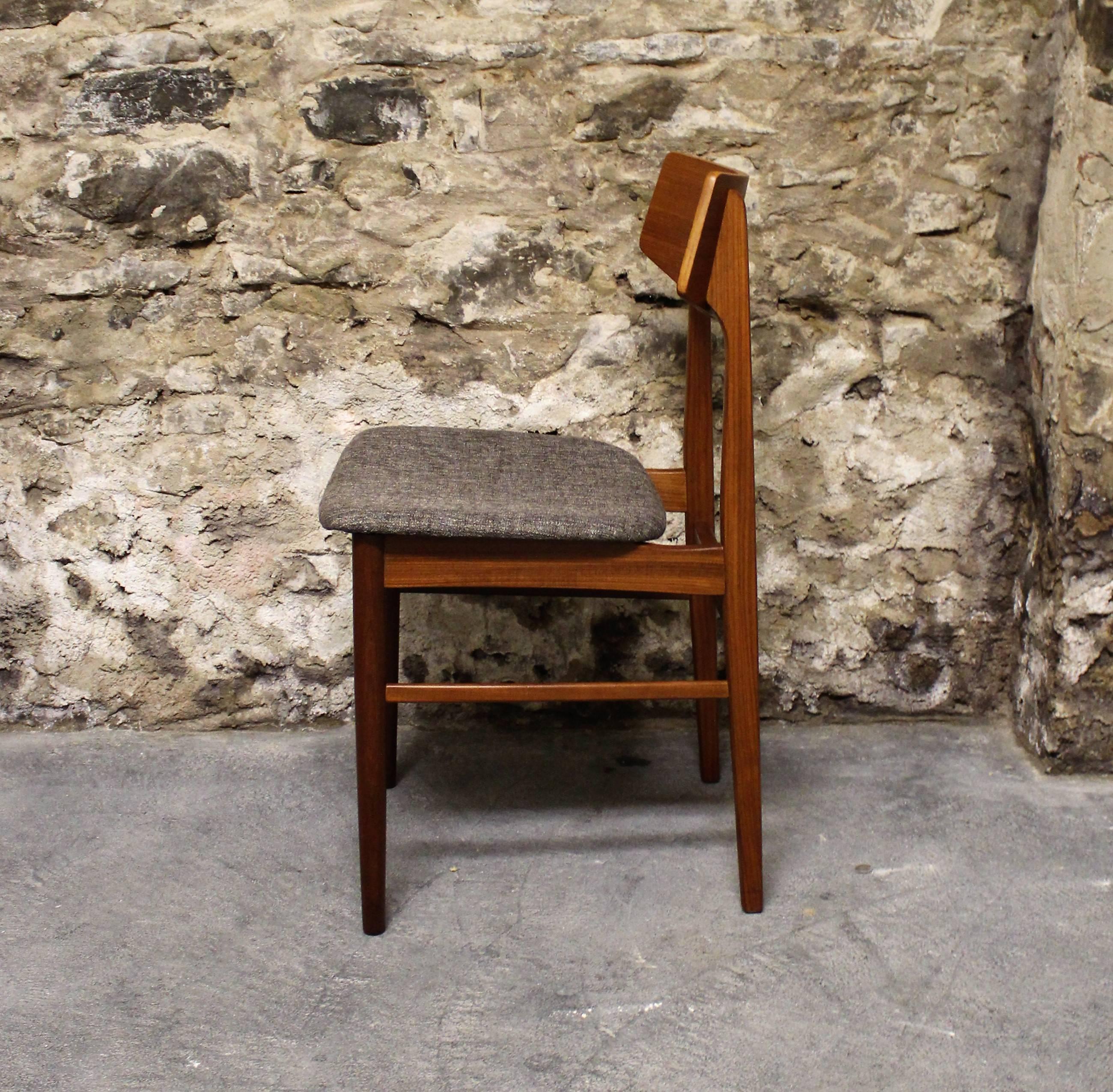 Set of six Danish teak dining chairs. Newly upholstered.

Scandinavian Modern / Mid-Century Modern.