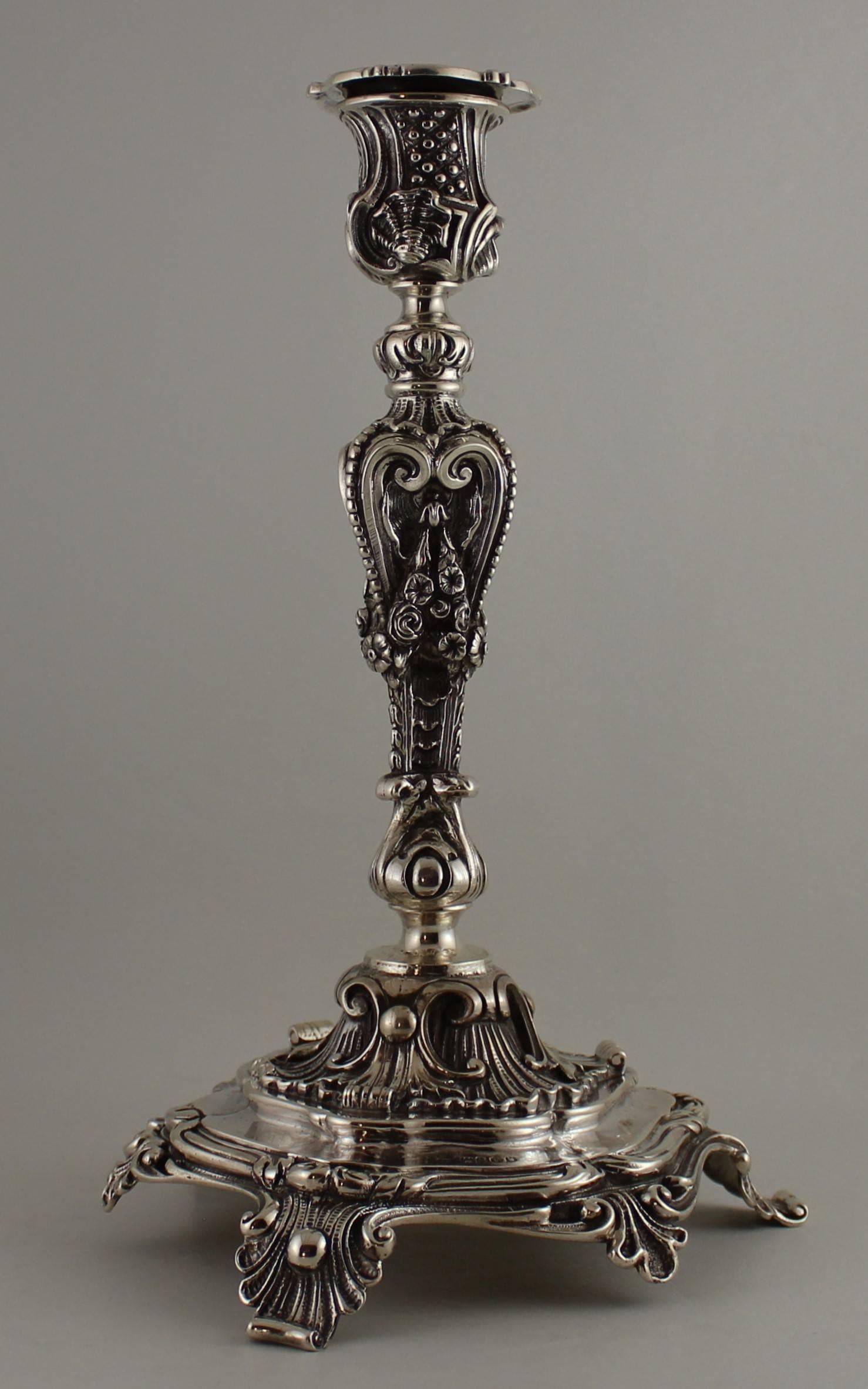 British Pair of John George Smith English Sterling Silver Candlesticks For Sale