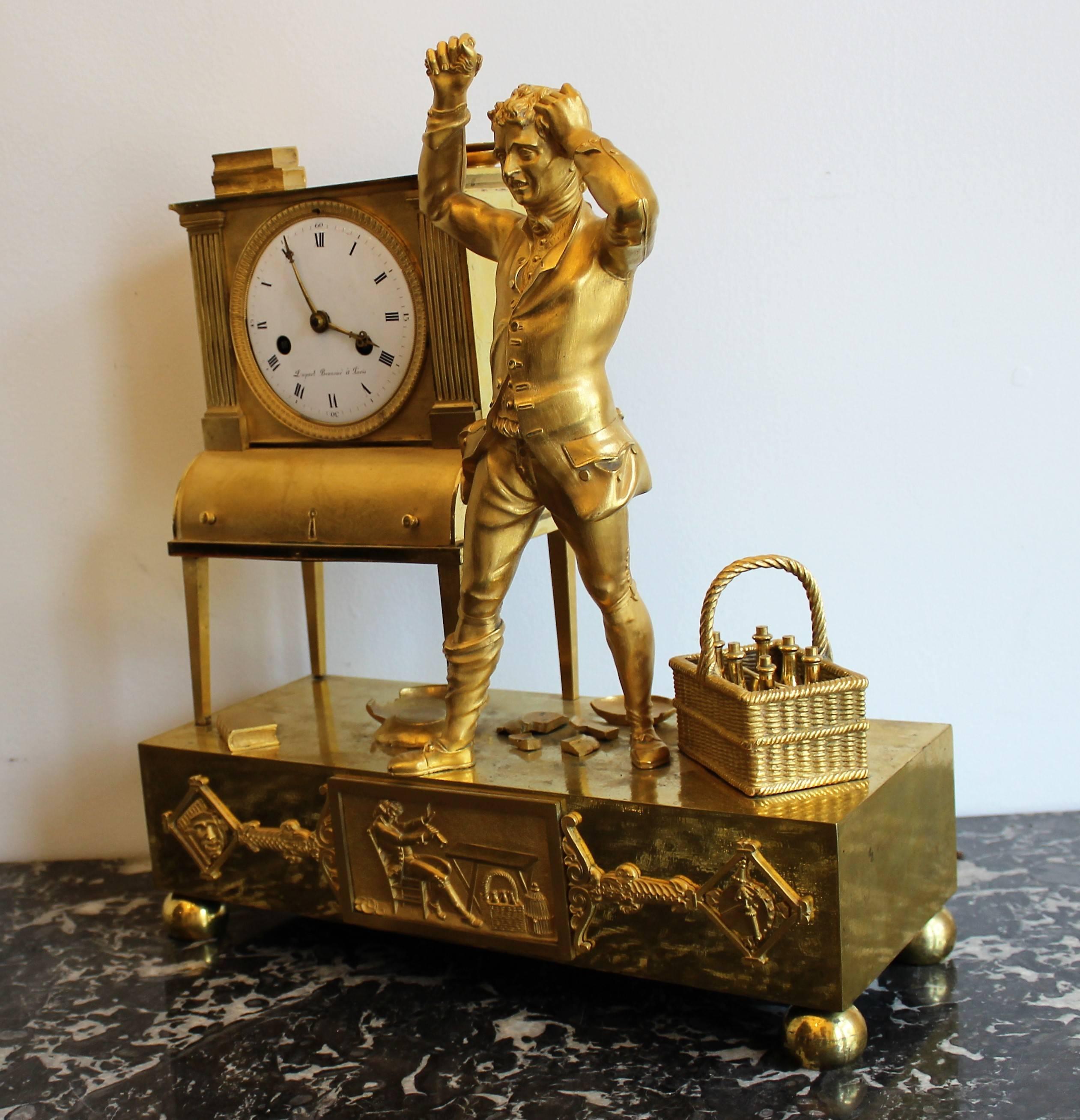 French Bronze Gilded Empire Period Allegorical Clock In Good Condition In Hamilton, Ontario