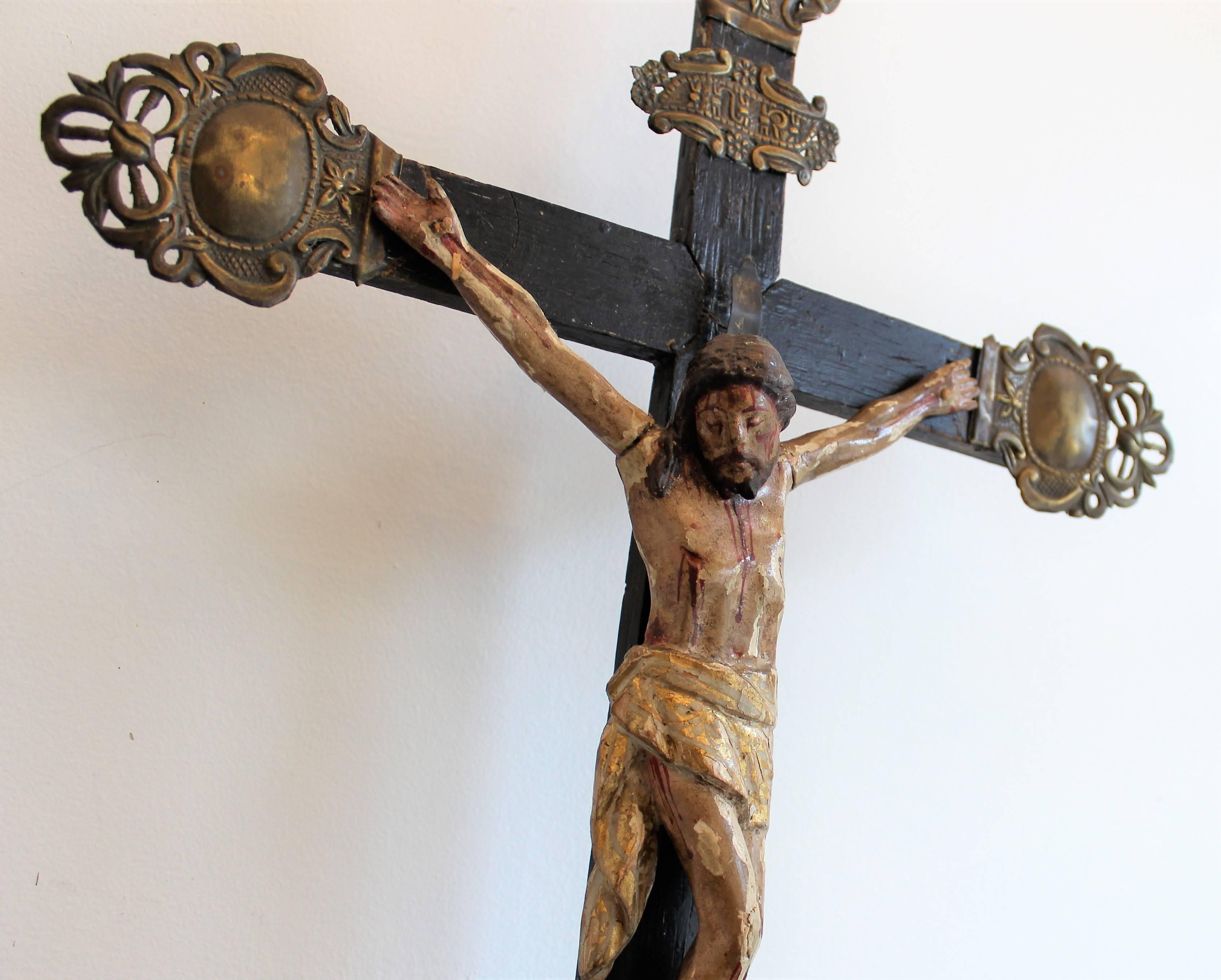 Canadian Early 19th Century Hand-Carved and Polychromed Wood Crucifix from Quebec