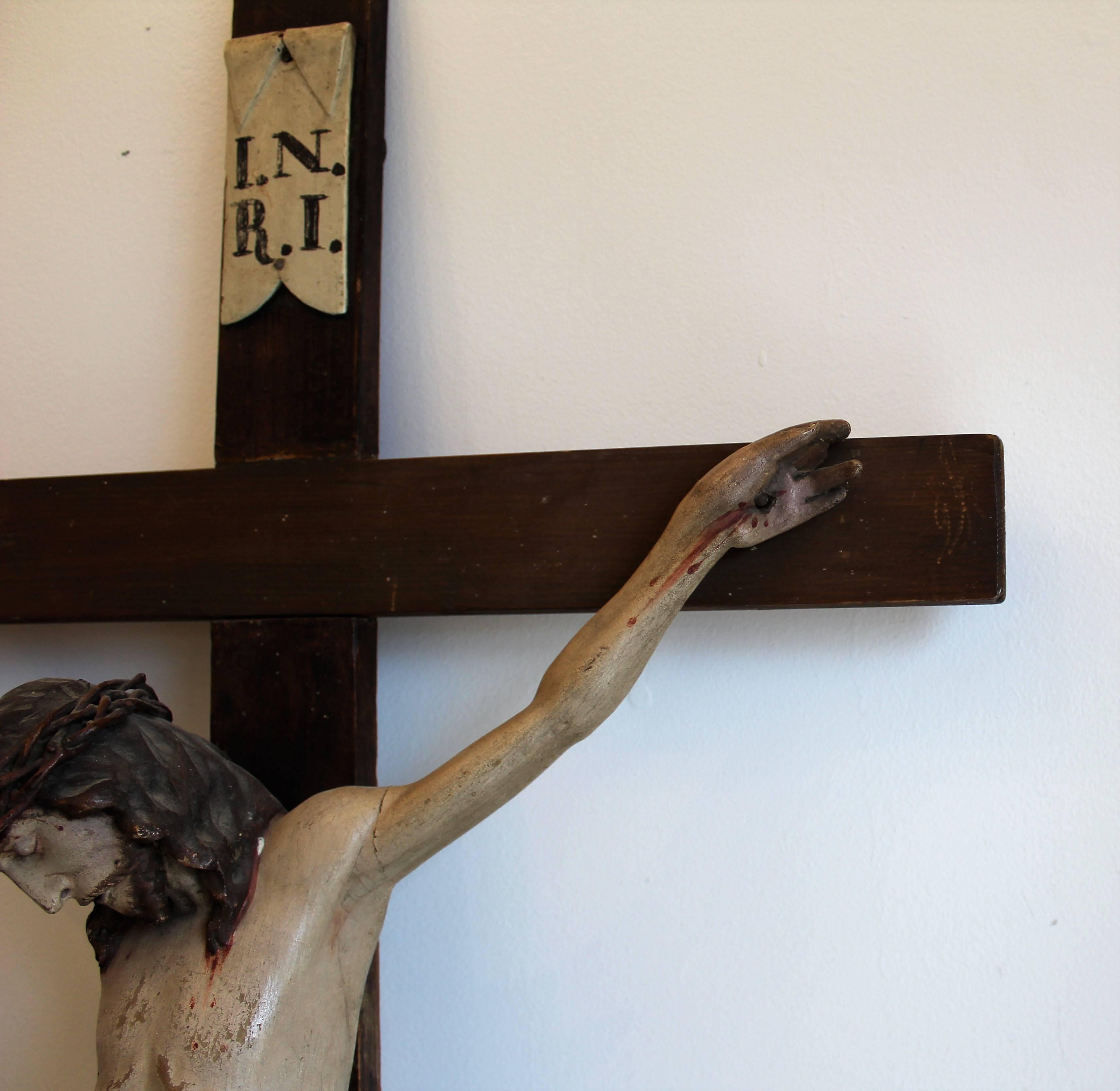 Early 19th Century European Hand Carved and Polychromed Wood Crucifix 2