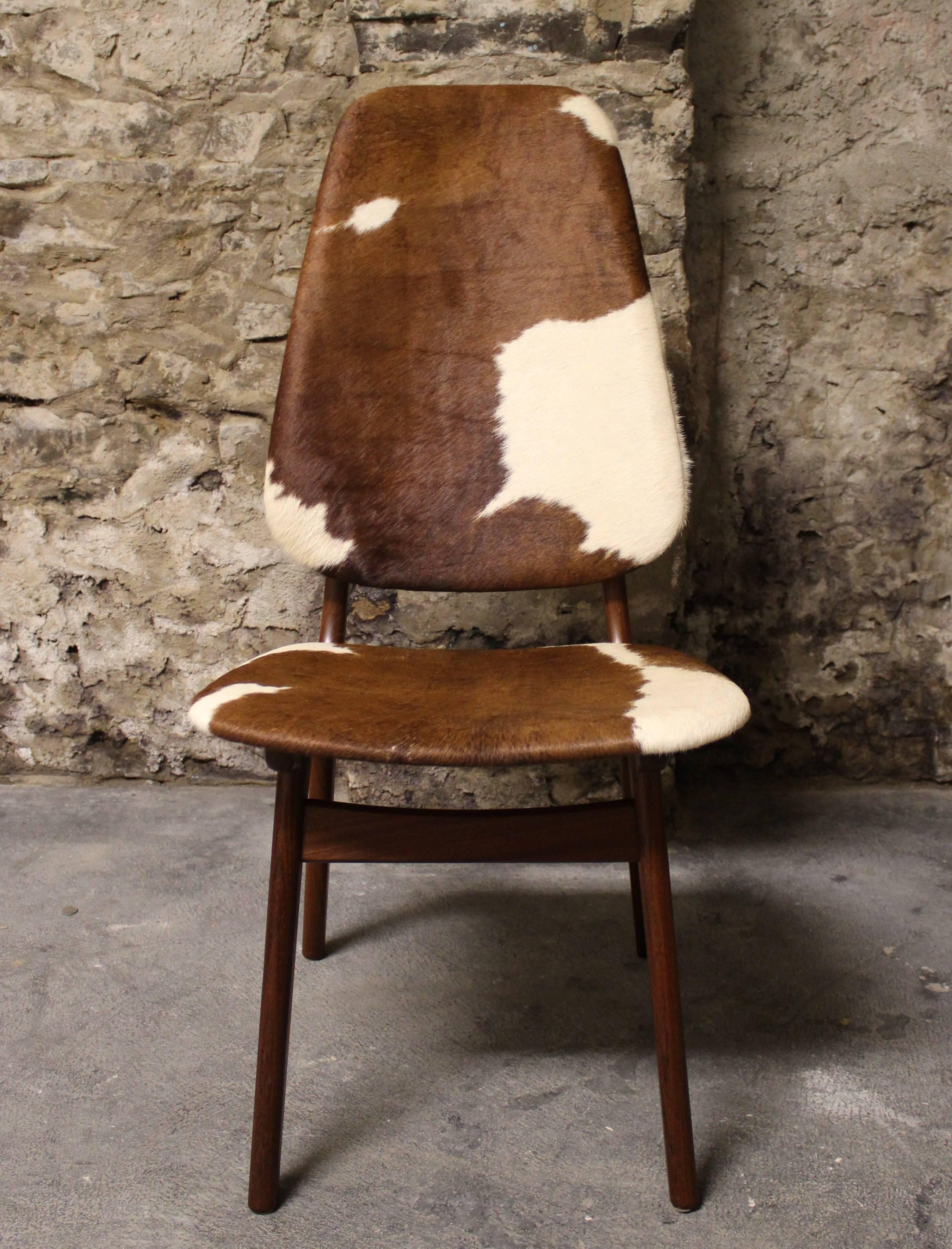 20th Century Four Arne Hovmand Olsen Danish Teak Dining Chairs with Cowhide Upholstery