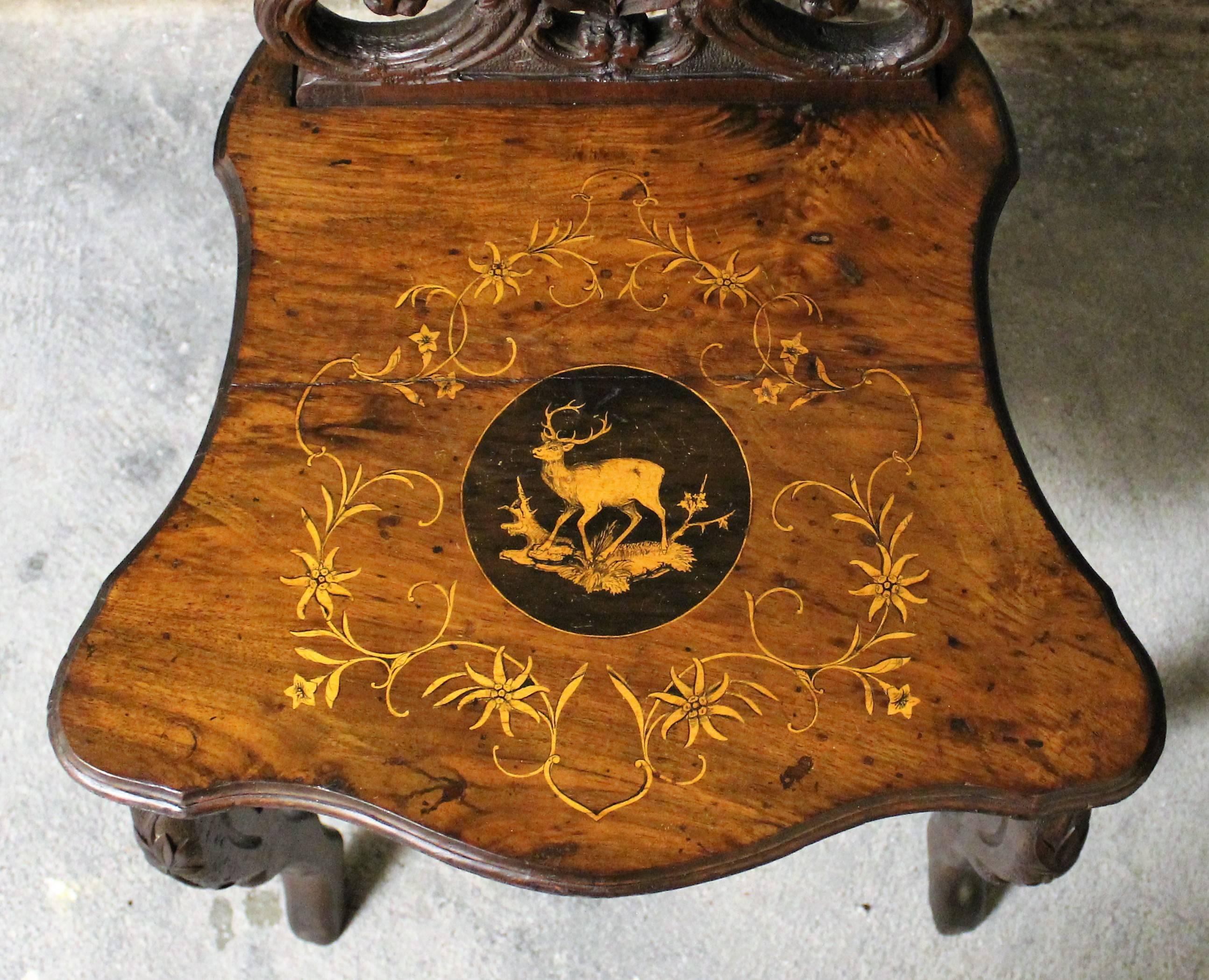 19th Century Black Forest Carved Chair with Inlay 3