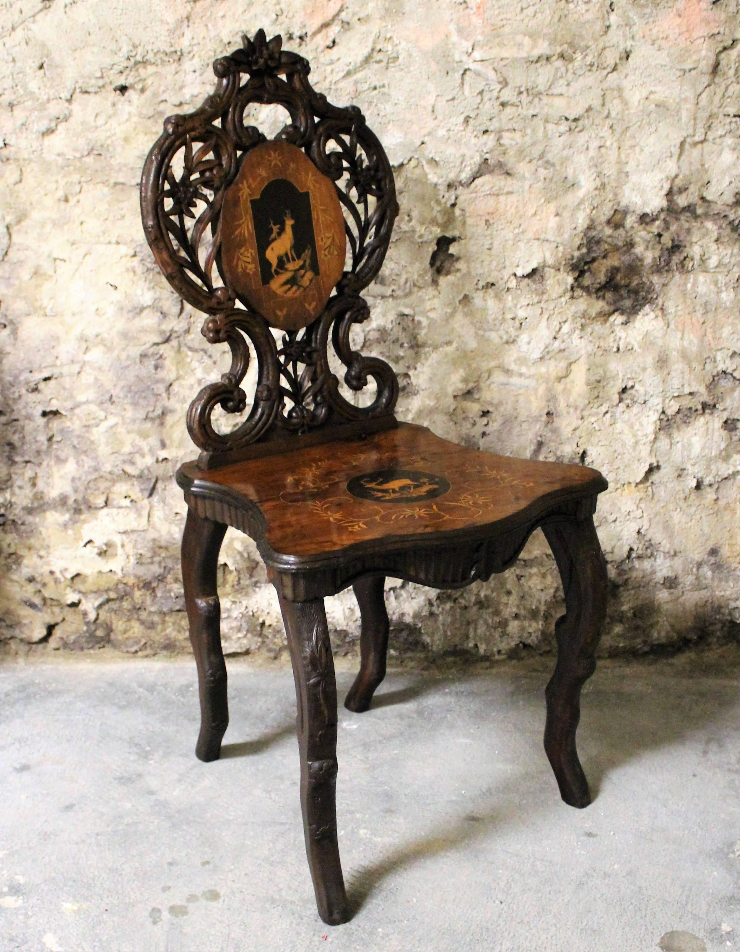 19th Century Black Forest Carved Chair with Inlay In Good Condition In Hamilton, Ontario