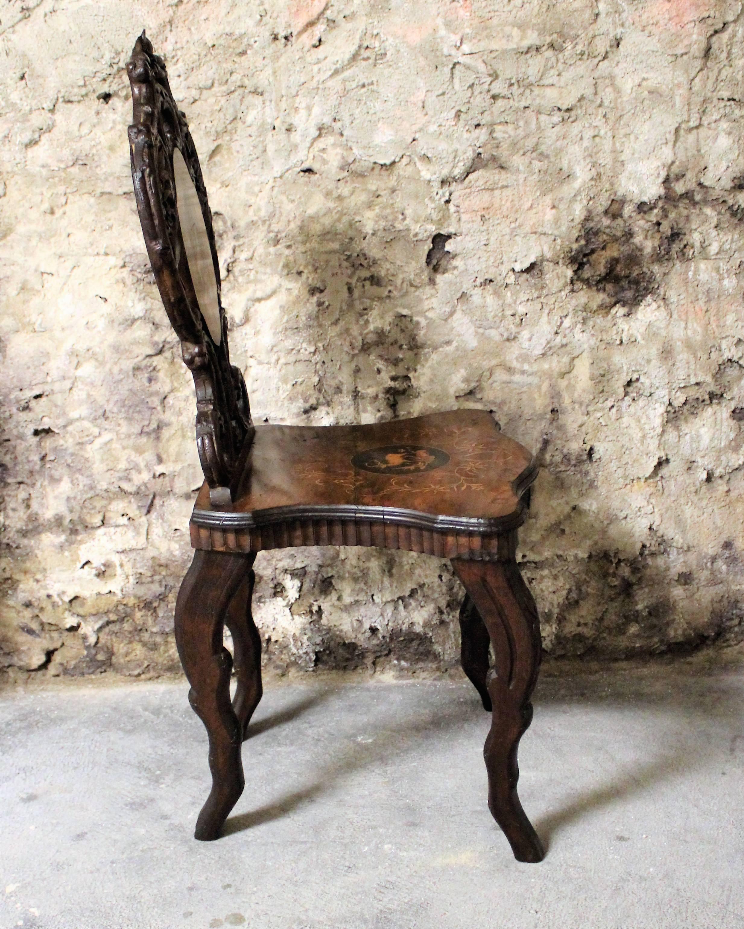 19th Century Black Forest Carved Chair with Inlay 1