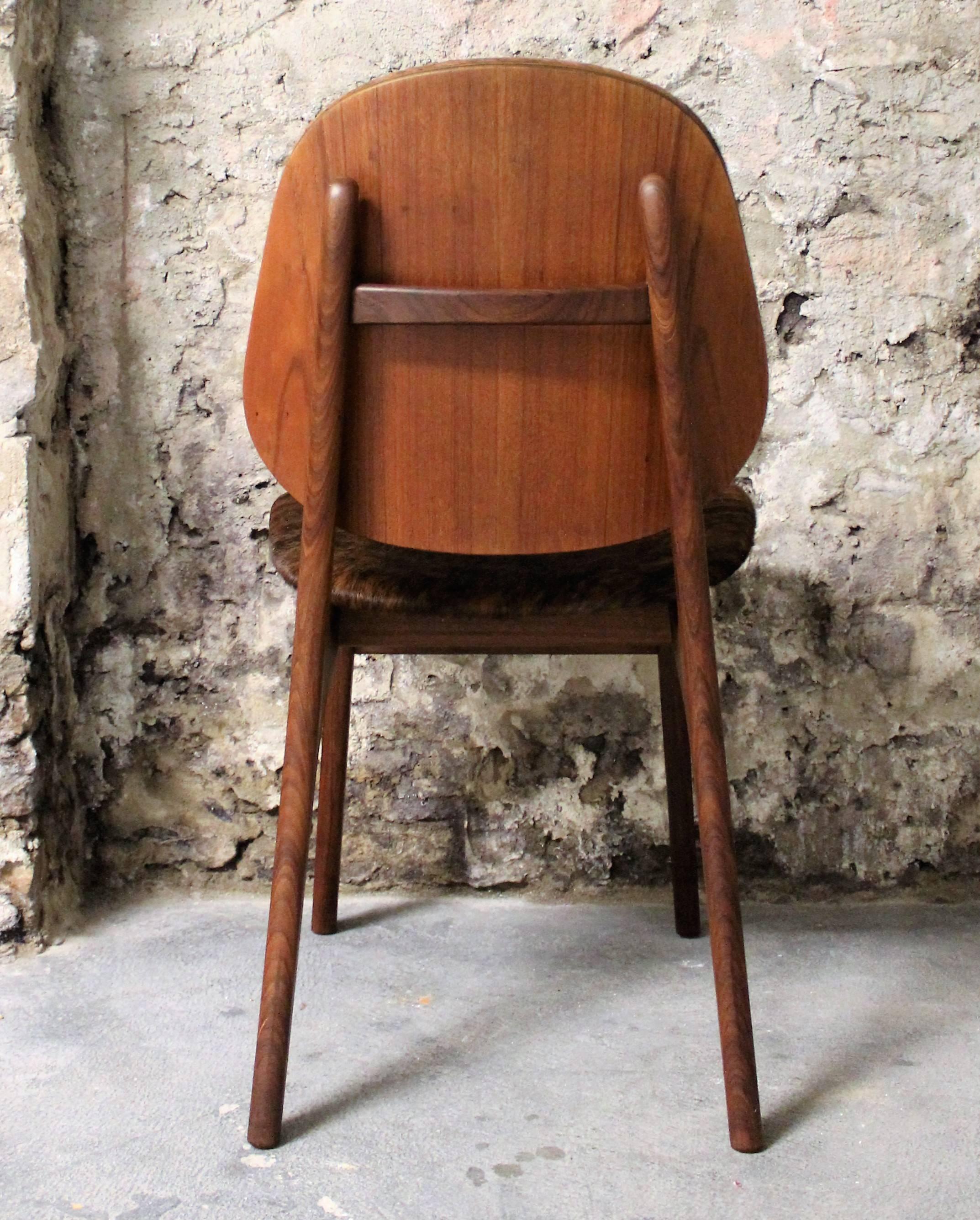Scandinavian Modern Arne Hovmand-Olsen Set of for Danish Teak Dining Chairs in Cowhide Upholstery