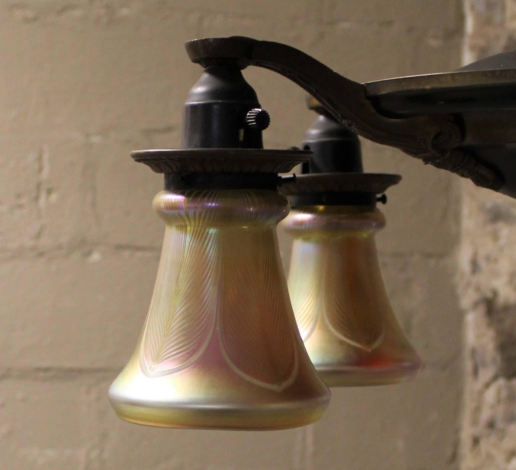 Five-Arm Brass Chandelier with Irridescent Glass Shades 2