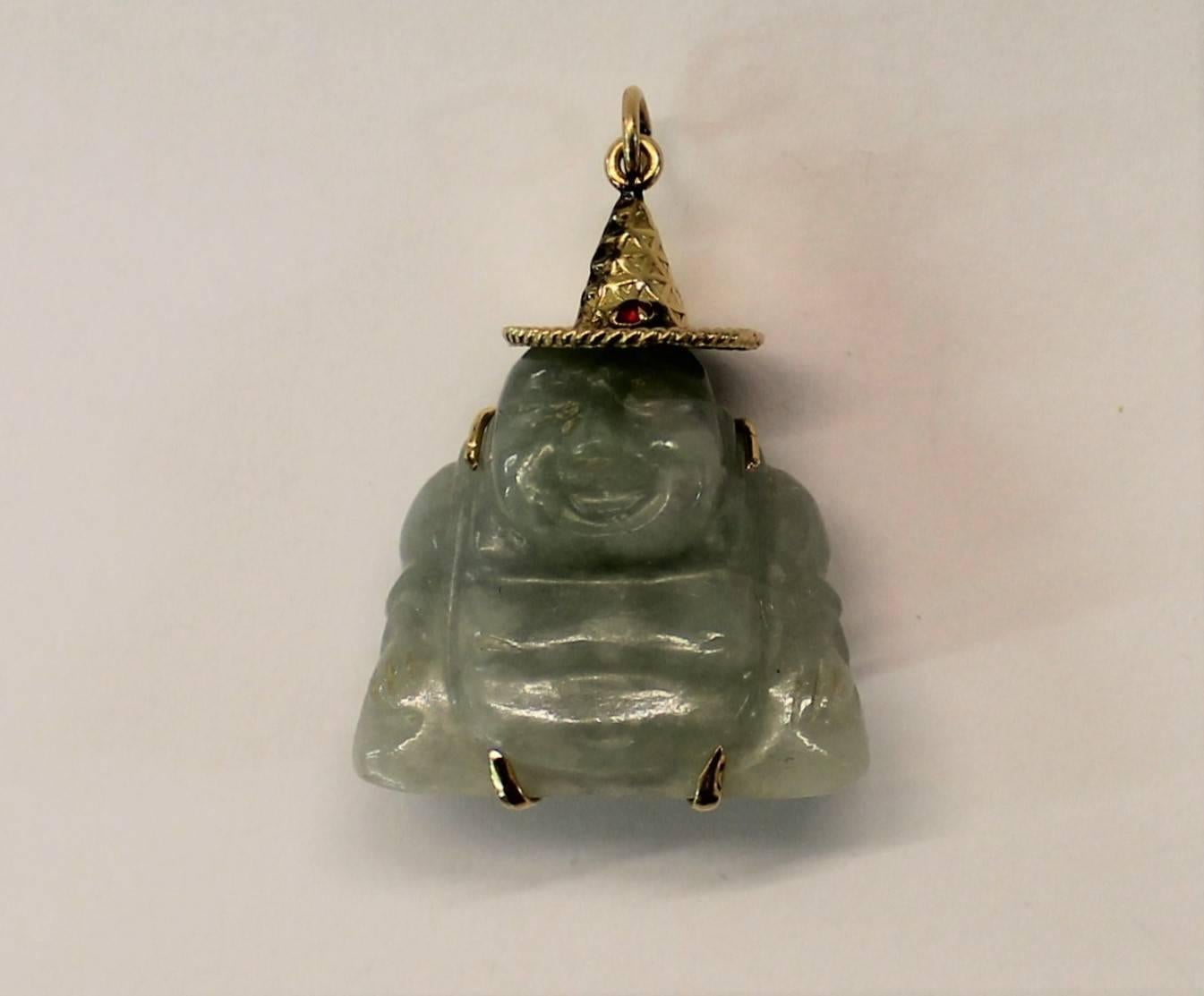   Chinesische Buddha-Halskette mit Anhänger aus 14-Karat Gold und Jade mit Rubin im Angebot 5