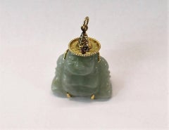 Chinese 14-Karat Gold and Jade Buddha Necklace Pendant with Ruby