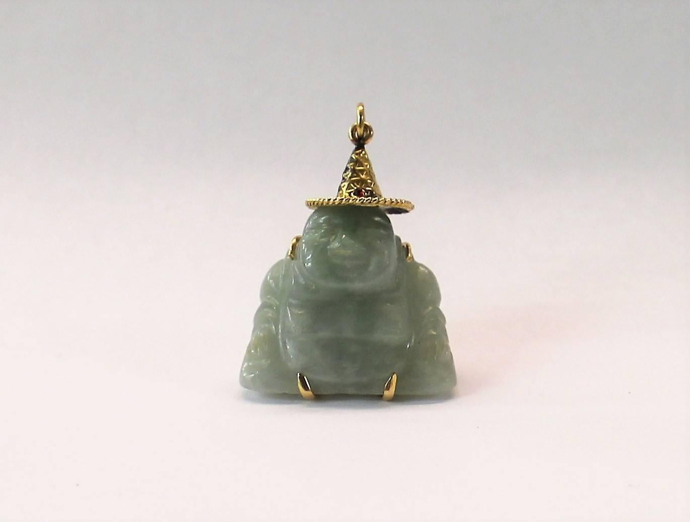 Asian   Chinese 14-Karat Gold and Jade Buddha Necklace Pendant with Ruby For Sale