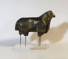 Brutalist Bronze Ram Sculpture on Lucite Plinth Signed M. Katz