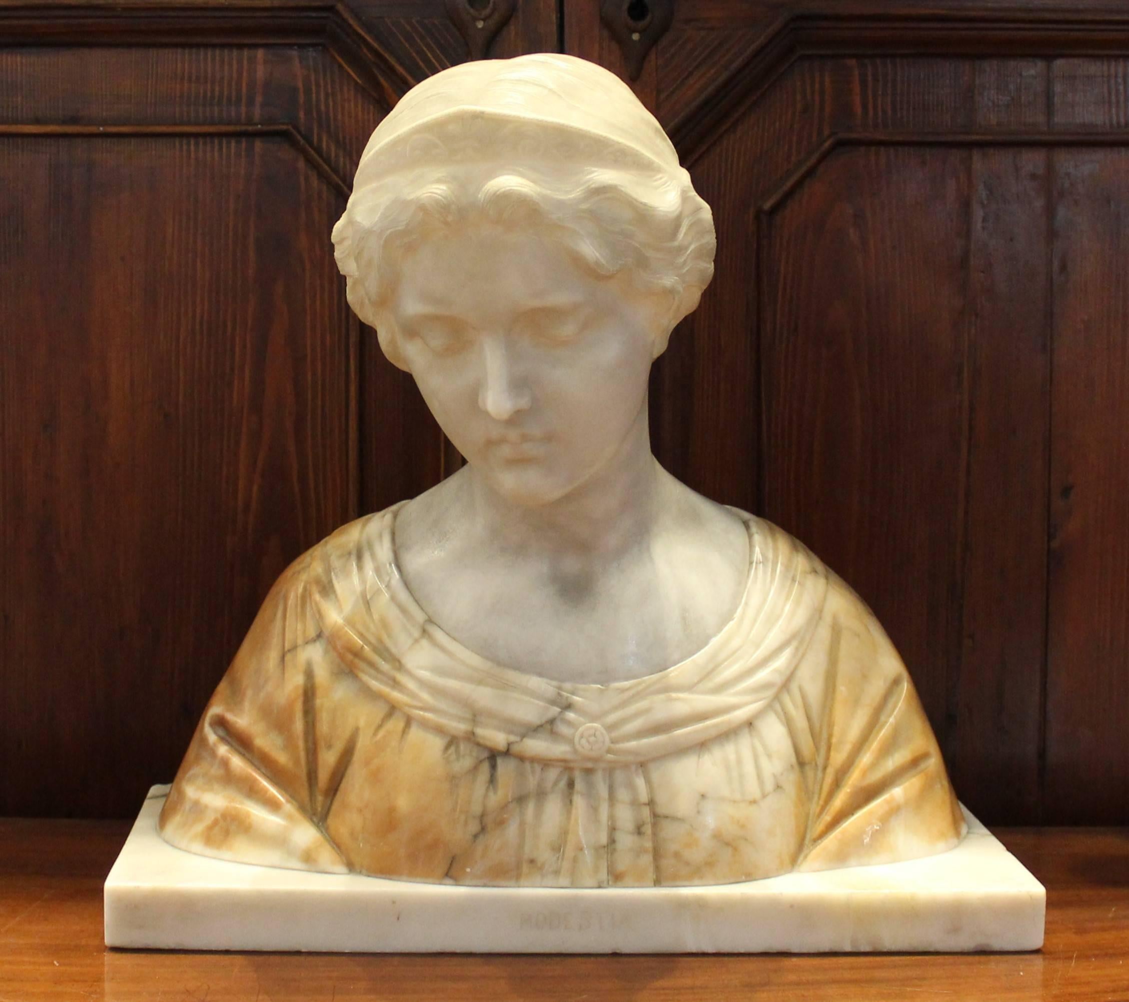 19th century Italian alabaster bust. Titled 'Modestia'.