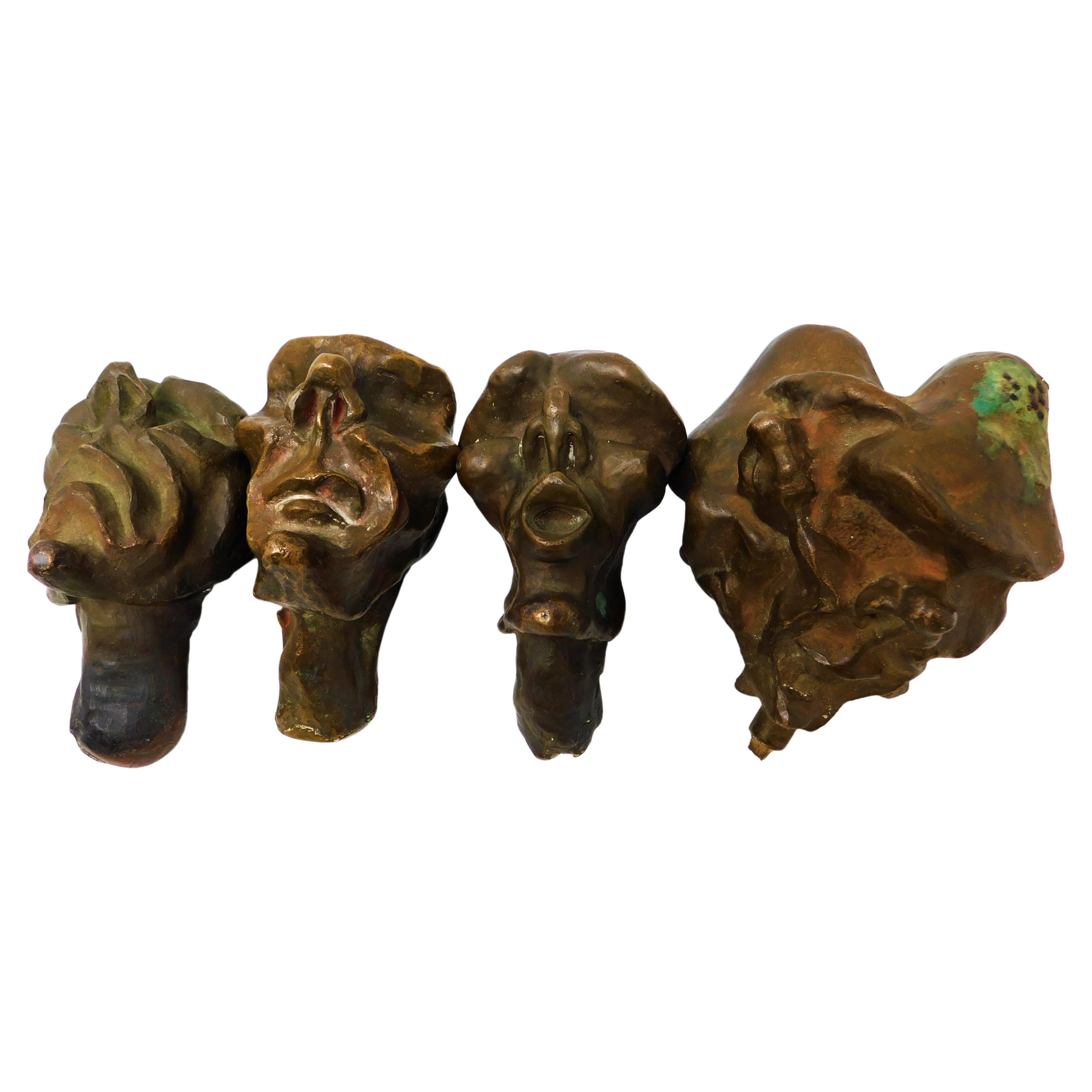 4 Bronze Brutalist Figurative Head Art Sculptures, Circa 1920