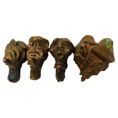 Antique 4 Bronze Brutalist Figurative Head Art Sculptures, Circa 1920