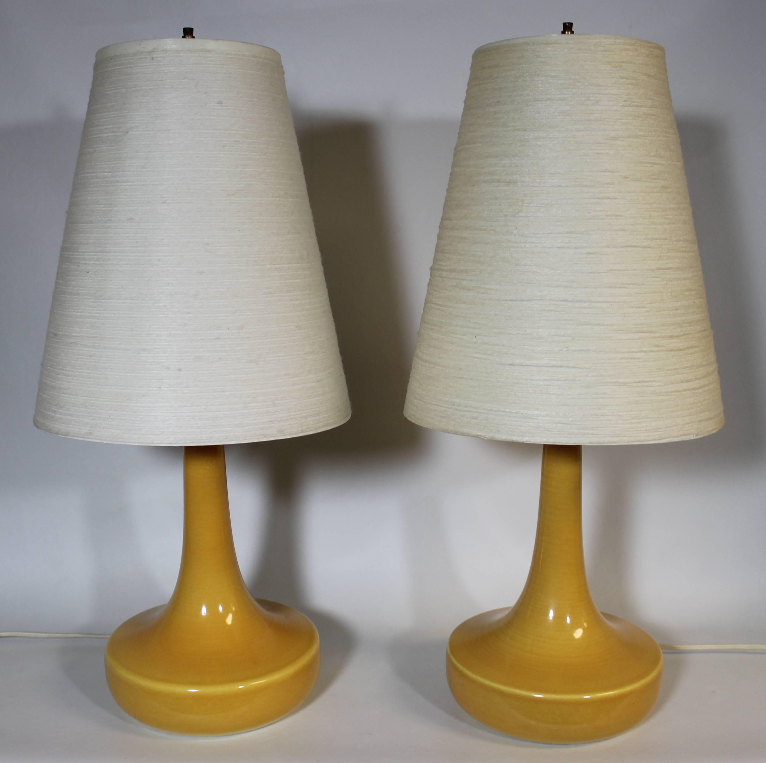 Pair of Lotte Bostlund ceramic lamps, Mid-Century Modern.

The company was founded by Gunnar and Lotte Bostlund, a husband-and-wife team from Denmark who both trained in design, Gunnar as a ceramic engineer and Lotte in fine arts. The couple