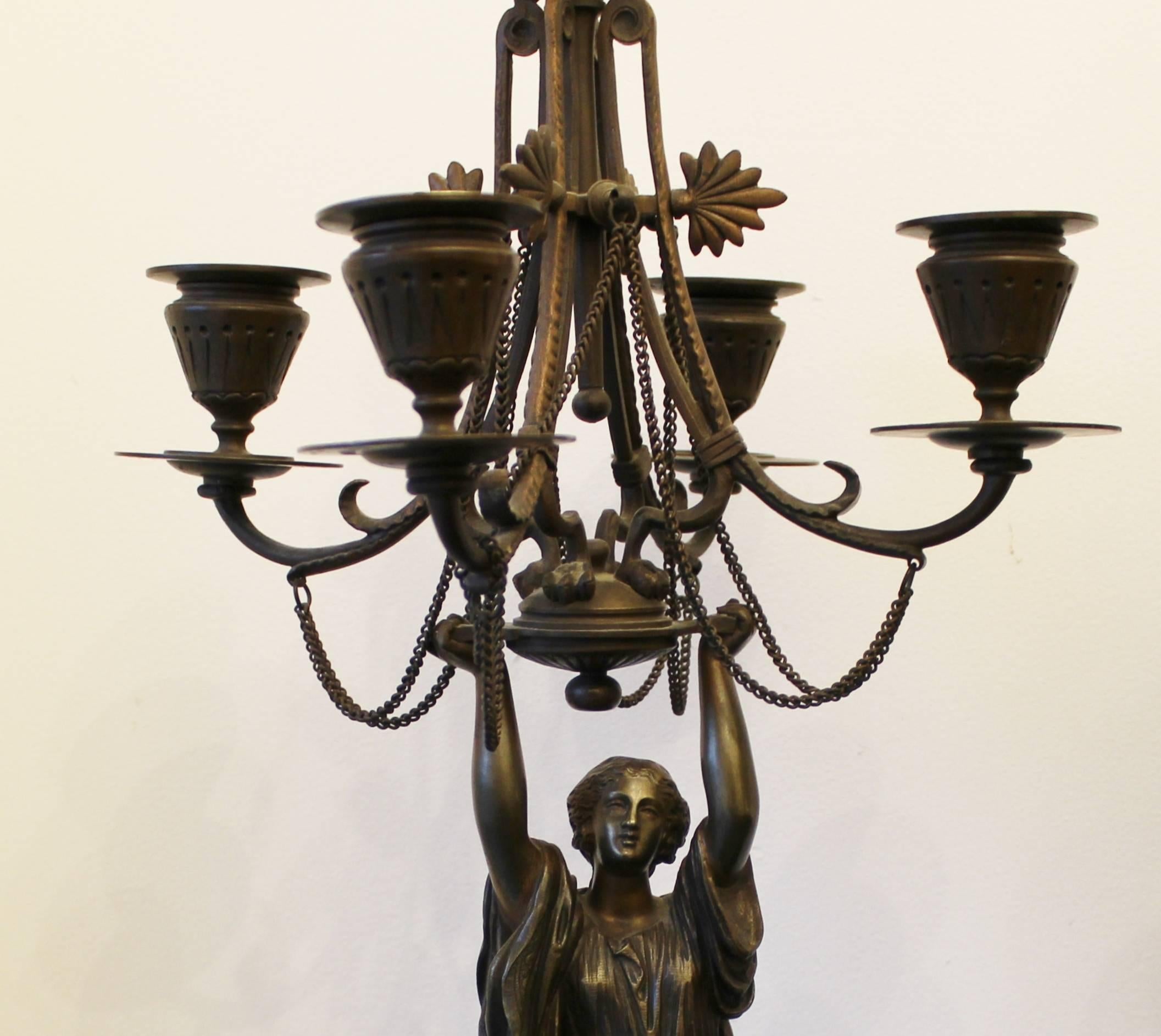Neoclassical Pair of 19th Century Bronze Figural Candelabra