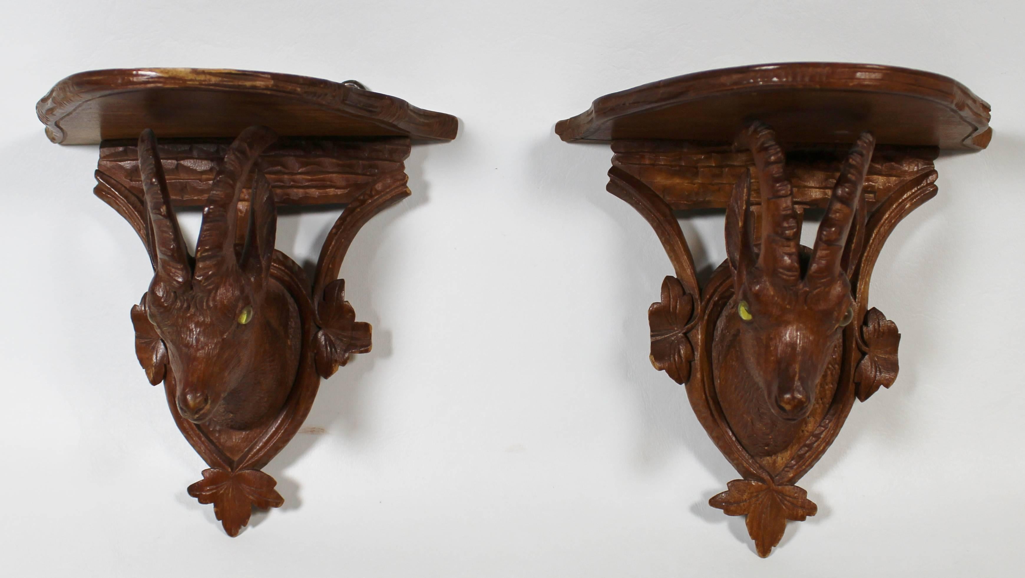 German Pair of 19th Century Black Forest Carved Ibex Shelves