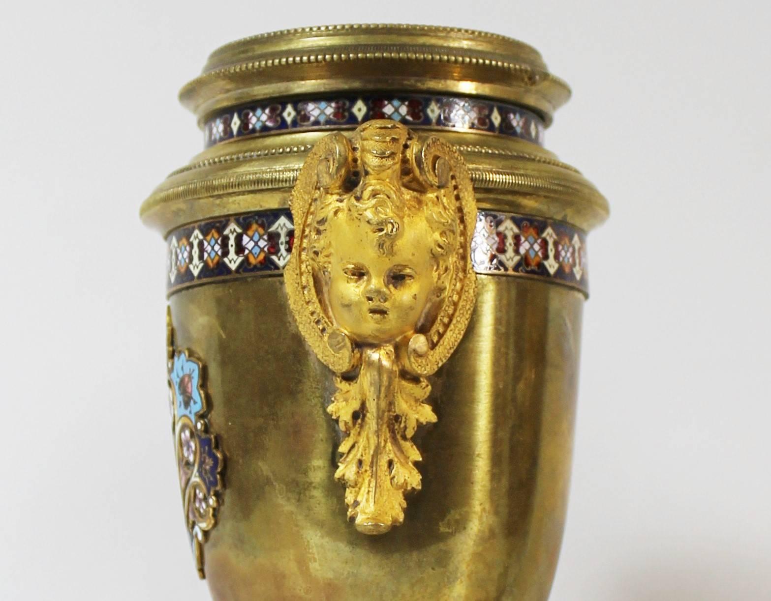  Pair of 19th Century French Gilt Bronze and Champleve Enamel Urns In Good Condition For Sale In Hamilton, Ontario