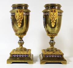 Pair of 19th Century French Gilt Bronze and Champleve Enamel Urns