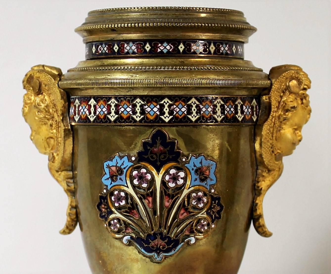  Pair of 19th Century French Gilt Bronze and Champleve Enamel Urns For Sale 1
