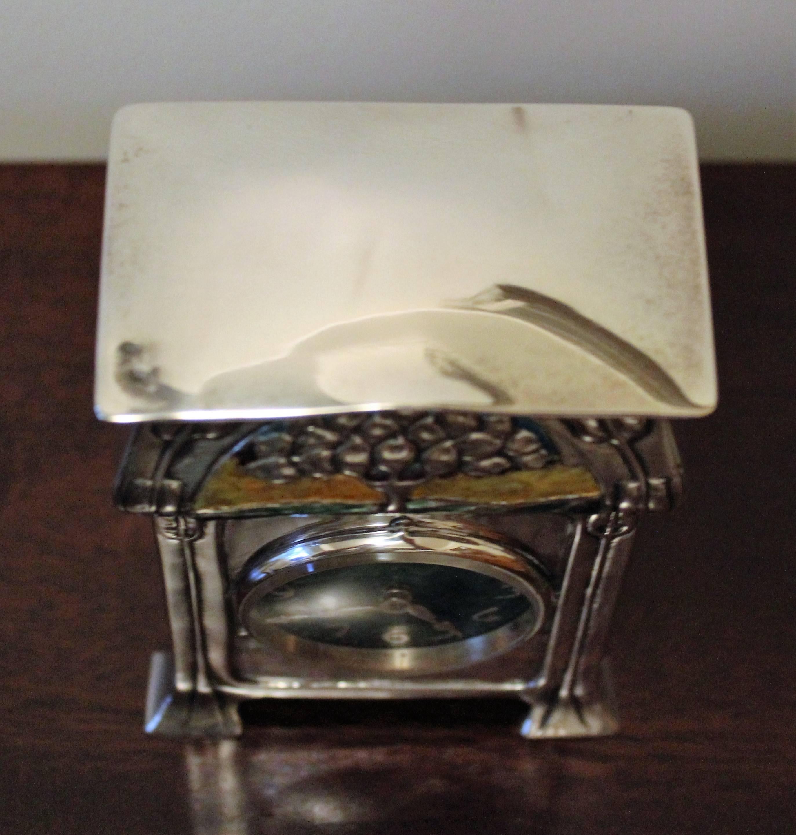 20th Century David Veasey for Liberty & Co. 'Cymric' Silver and Enamel Mantel Clock
