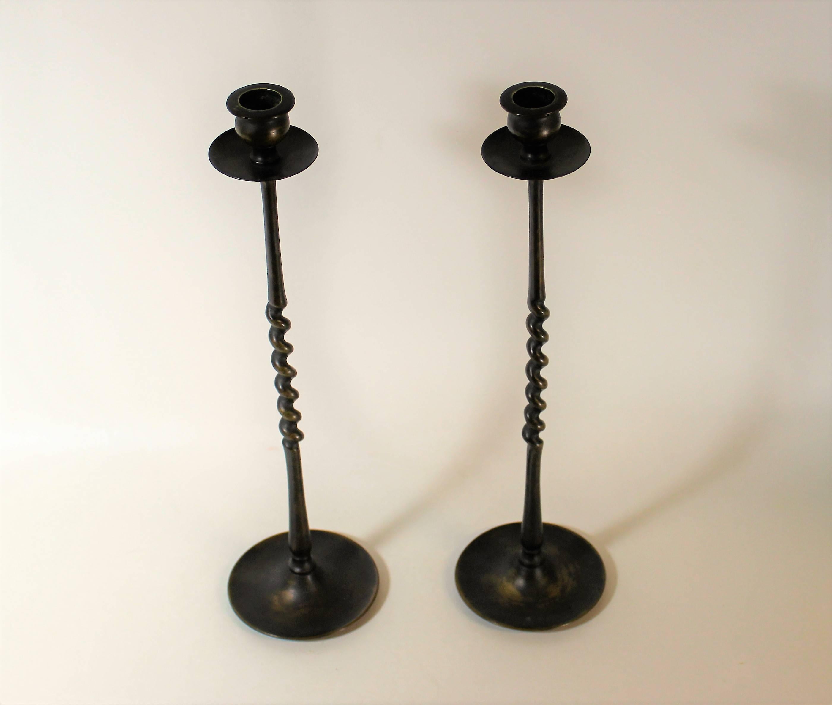Arts and Crafts Pair of Bronze Arts & Crafts Candlesticks or Candleholders