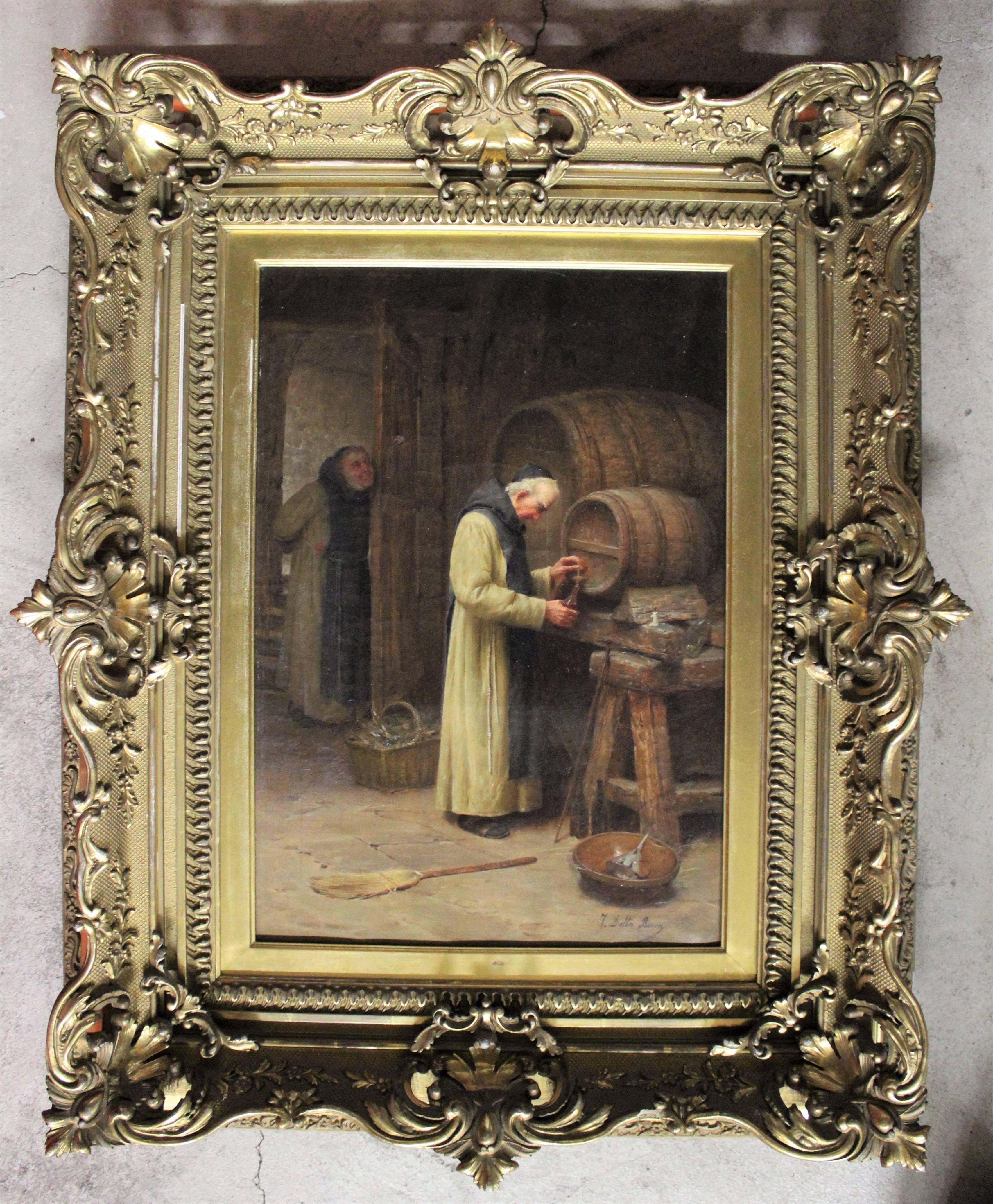 Italian 19th century oil painting of monks in the wine cellar in highly stylized giltwood frame.

Size:
Without frame: 21.75