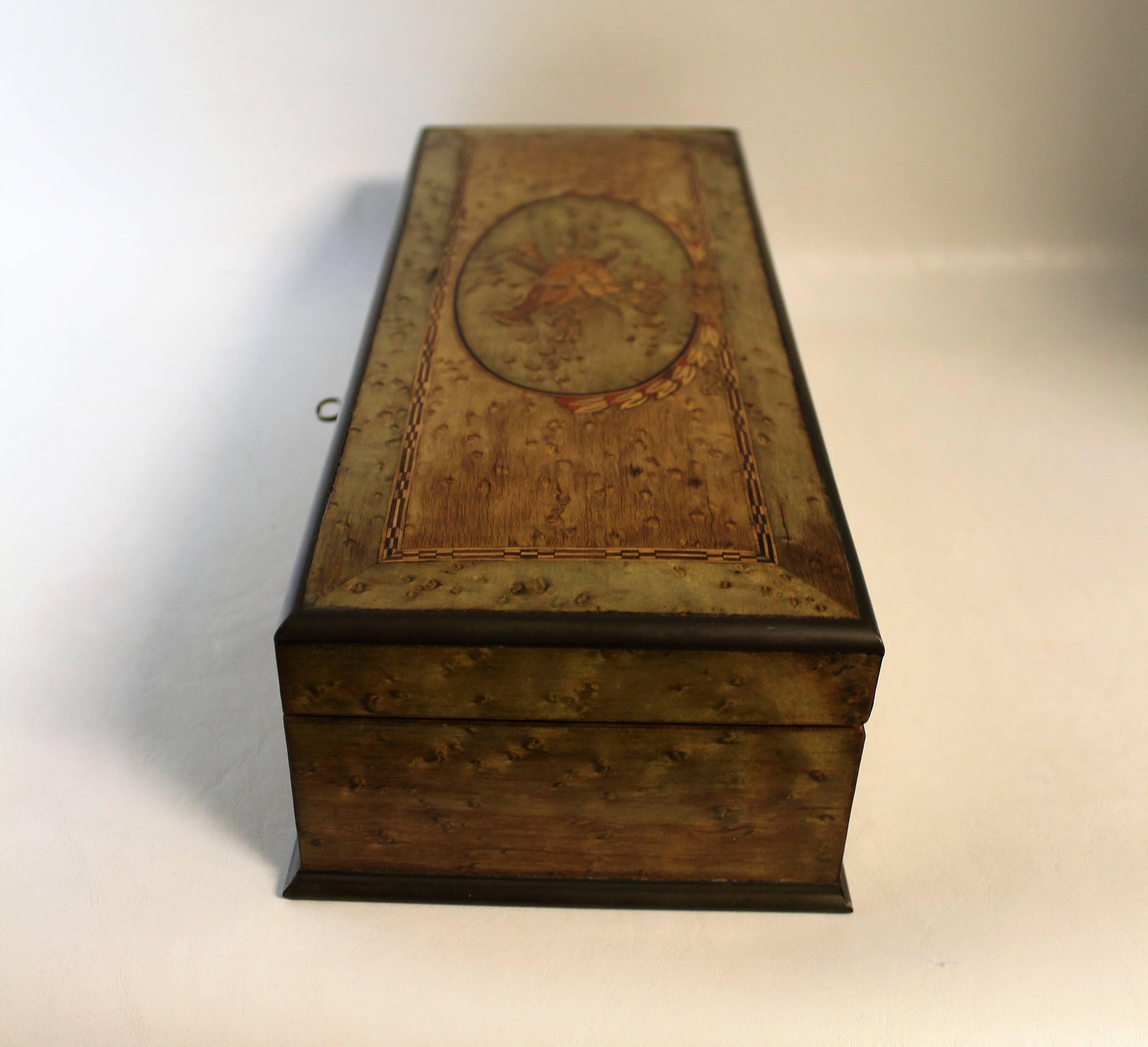 20th Century English Birds Eye Maple Inlaid Box with Musical Instrument Theme